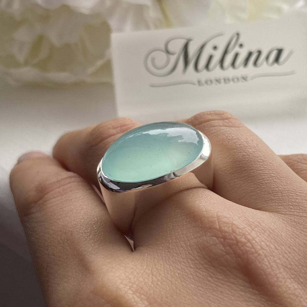 Statement Sterling Silver Aqua Chalcedony Gemstone Ring