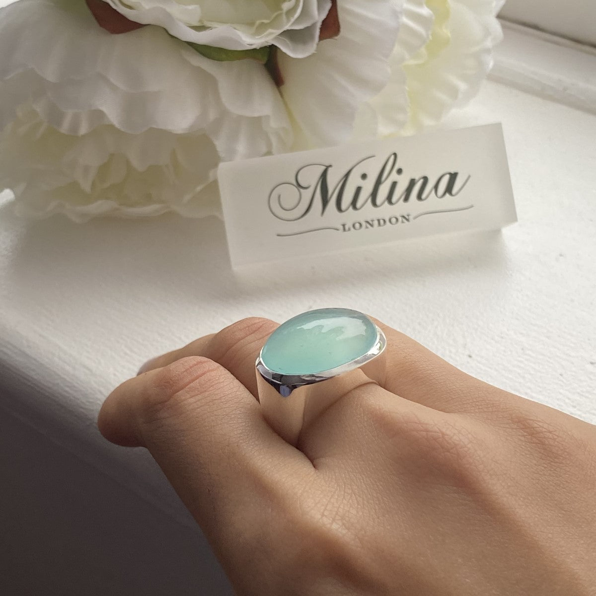 Statement Sterling Silver Aqua Chalcedony Gemstone Ring