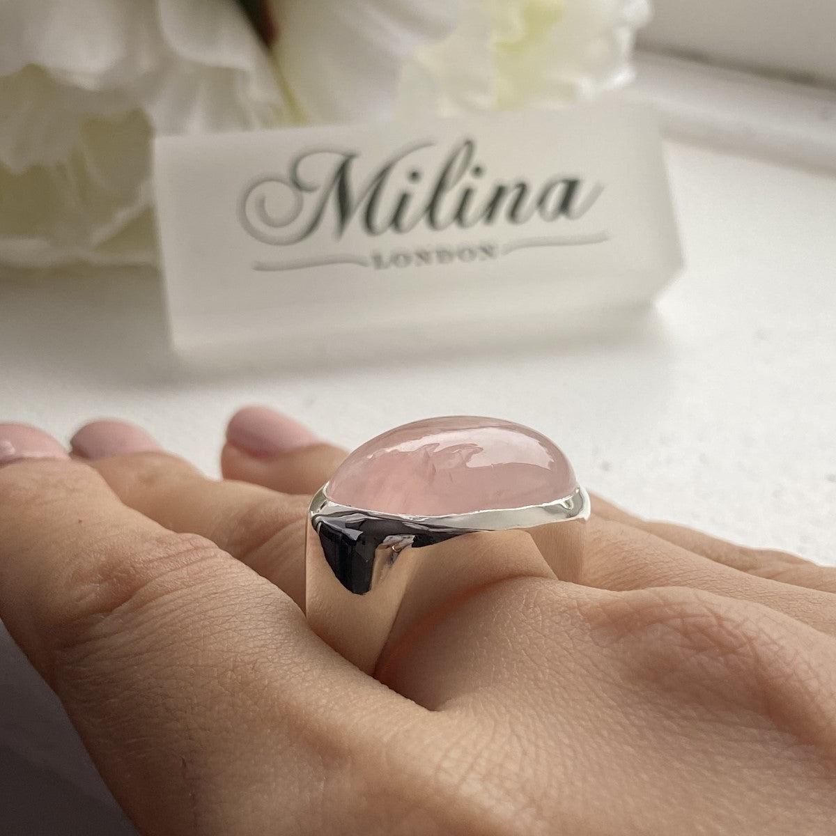 Statement Sterling Silver Rose Quartz Gemstone Ring