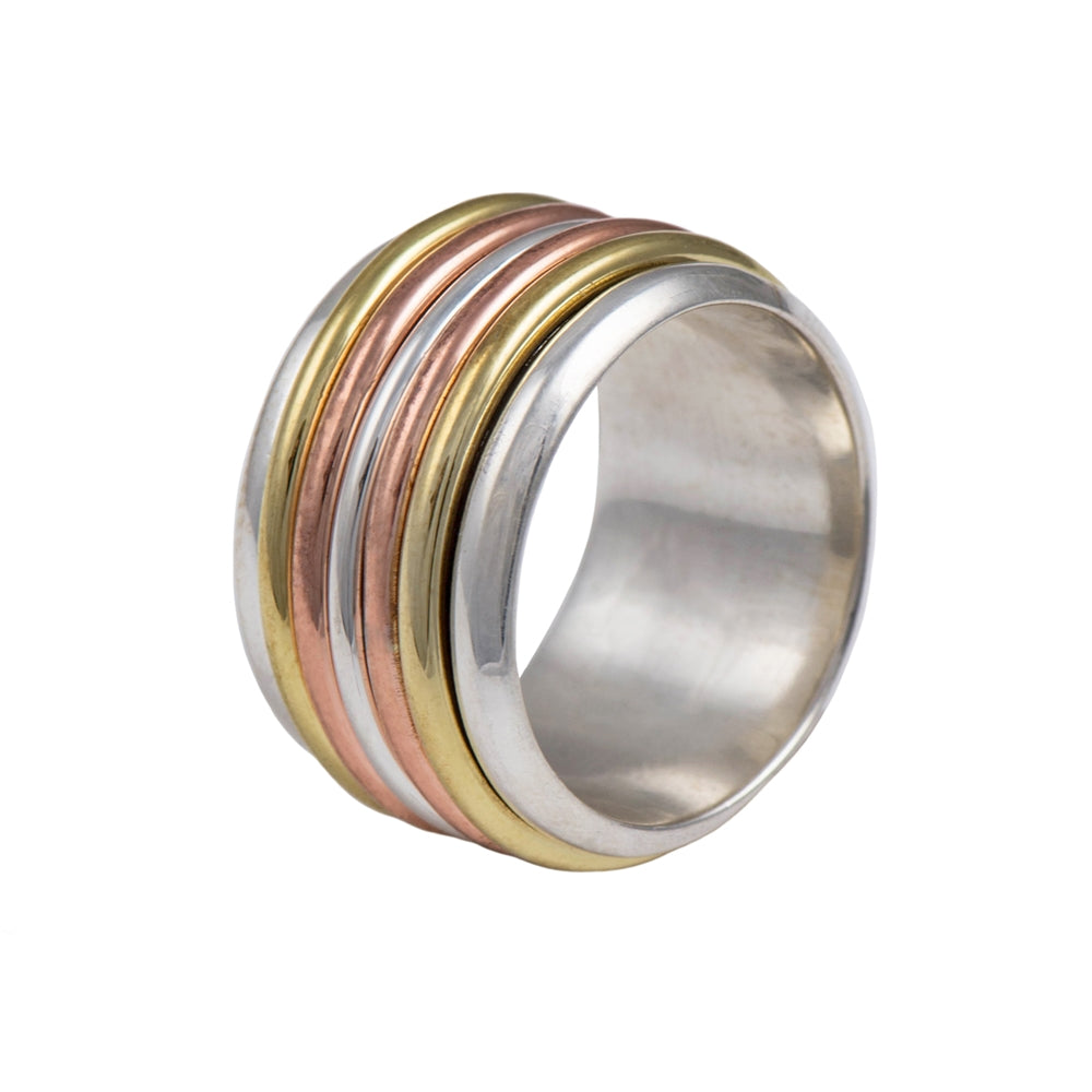 Sterling Silver Chunky “Worry” Ring with Copper, Gold Plated Silver and Silver Bands