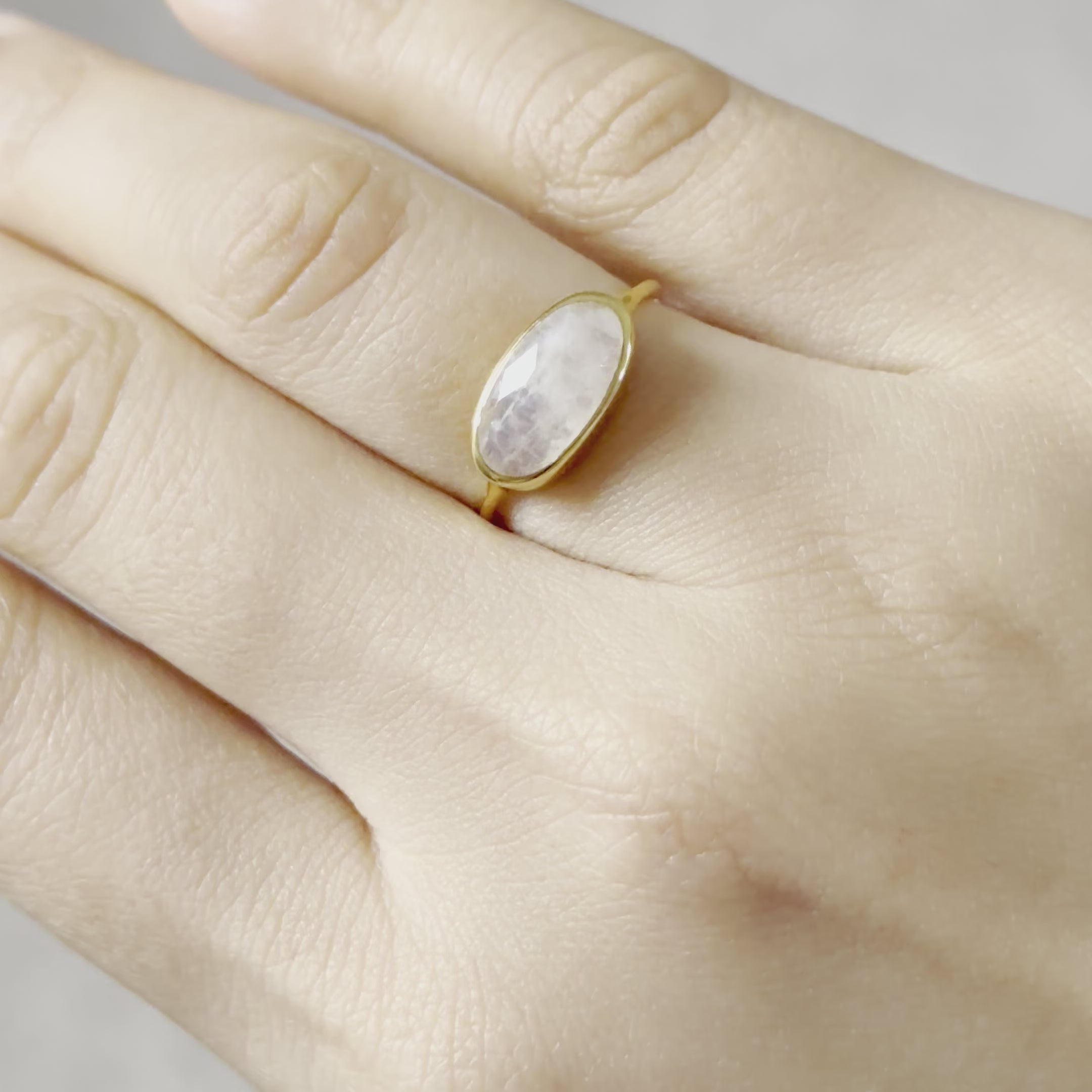 Faceted Oval Cut Natural Gemstone Gold Plated Sterling Silver Fine Band Ring - Moonstone
