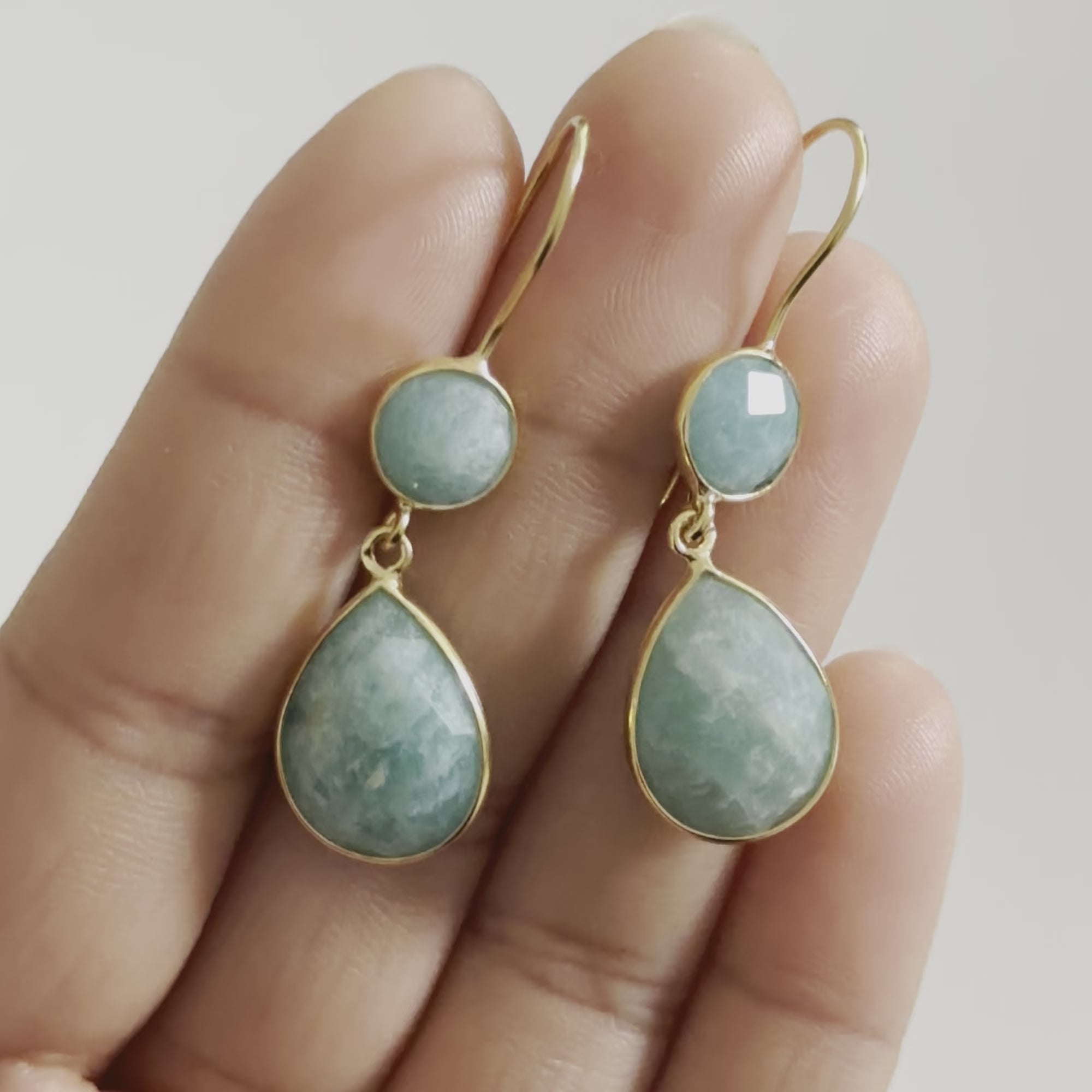 Amazonite Gemstone Two Stone Earrings in Gold Plated Sterling Silver - Teardrop