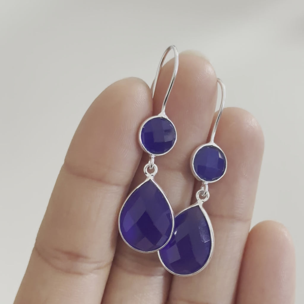 Blue Chalcedony Gemstone Two Stone Earrings in Sterling Silver - Teardrop