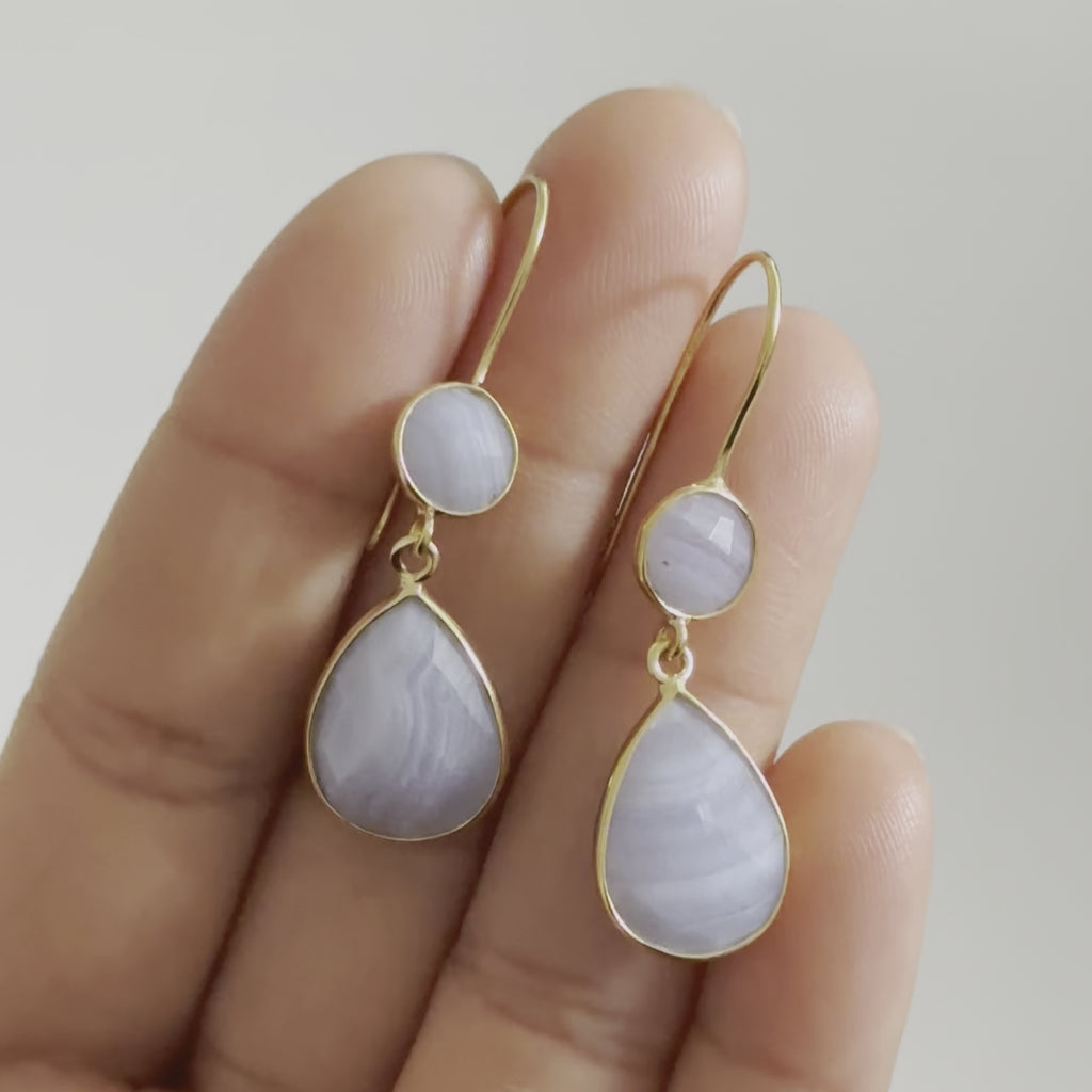 Blue Laced Agate Gemstone Two Stone Earrings in Gold Plated Sterling Silver - Teardrop