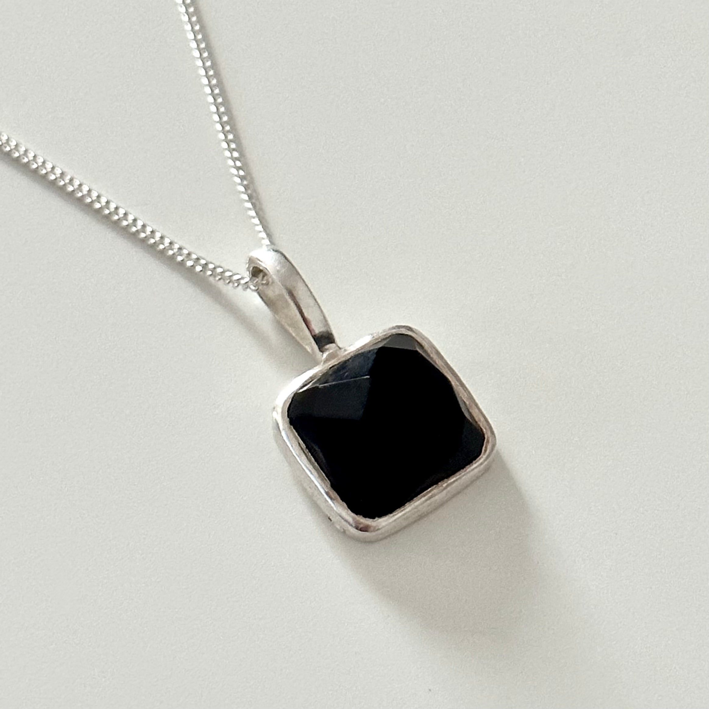 Sterling Silver Pendant Necklace with a Faceted Square Gemstone - Black Onyx
