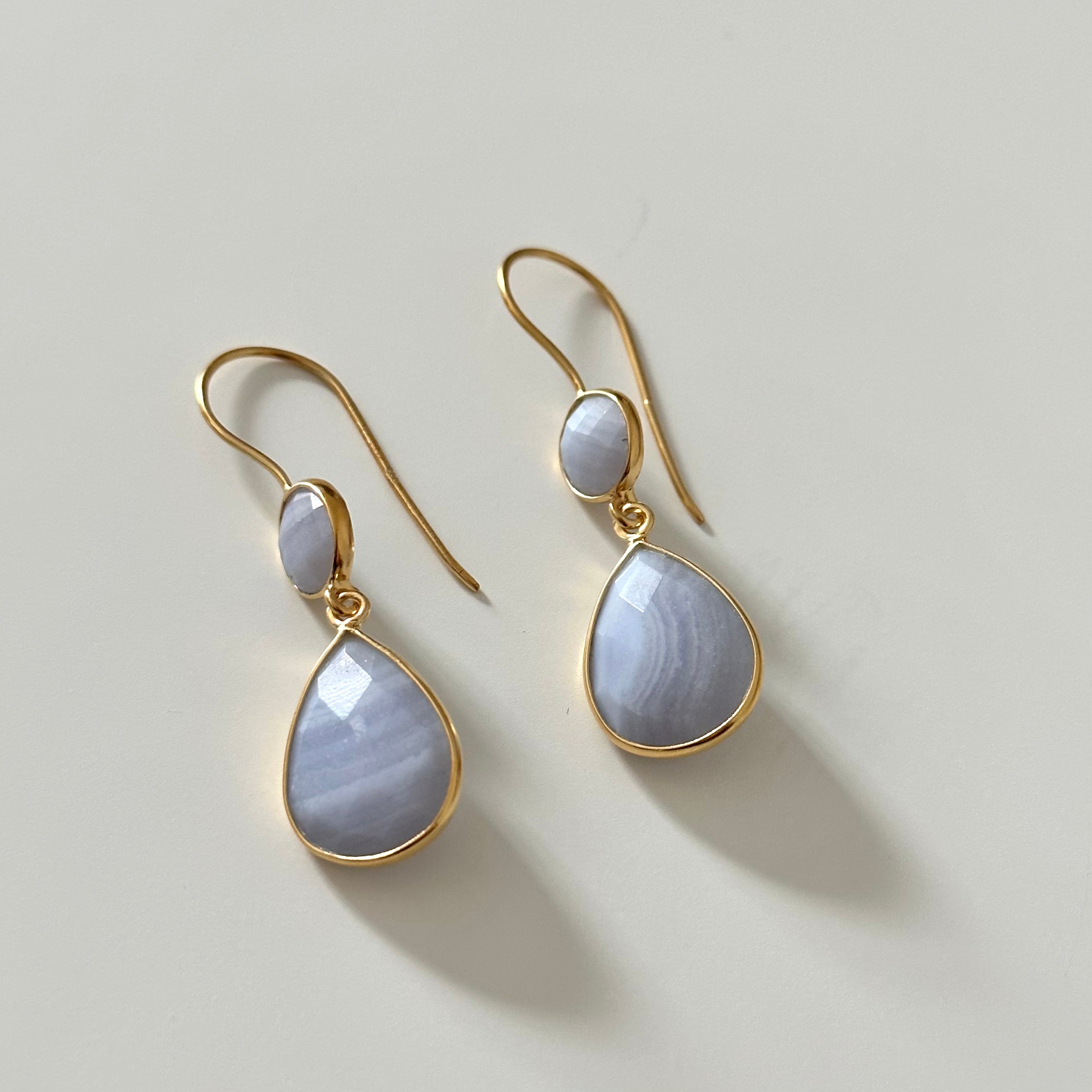 Blue Laced Agate Gemstone Two Stone Earrings in Gold Plated Sterling Silver - Teardrop