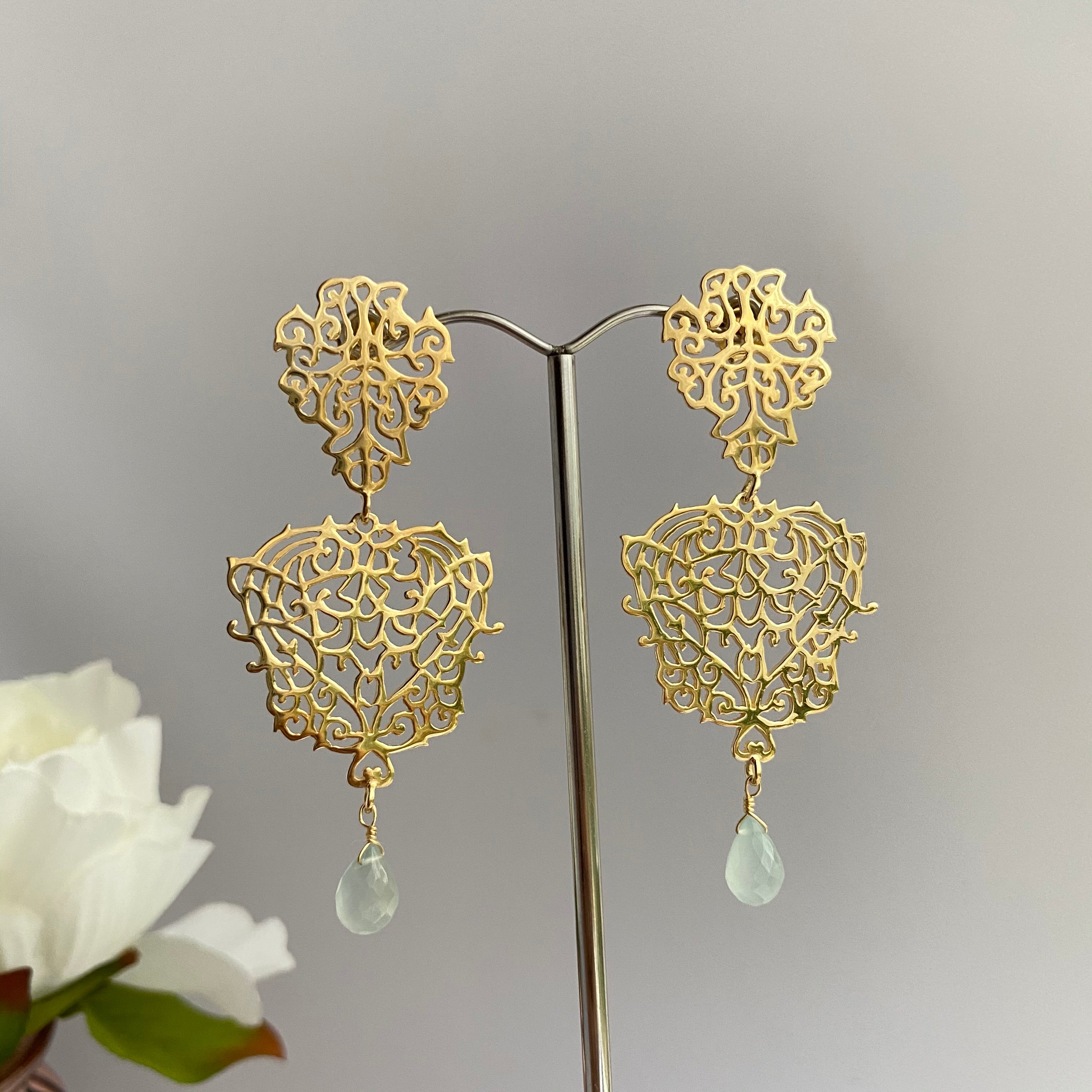 Gold Plated Sterling Silver Intricate Filigree Long Earrings with Stone Drop - Aqua Chalcedony