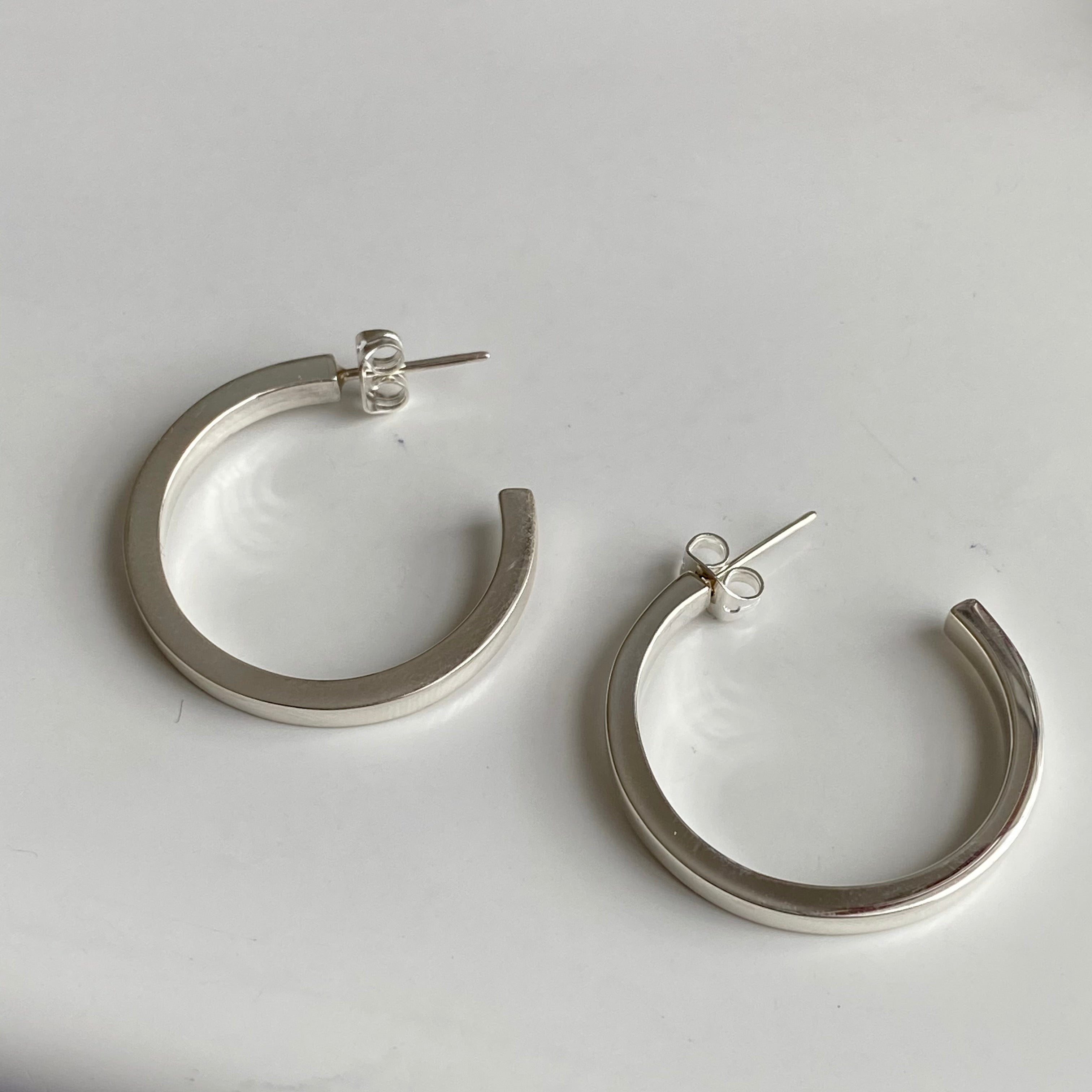 Sterling Silver Large Hoop Earrings with a Flat Square Edge