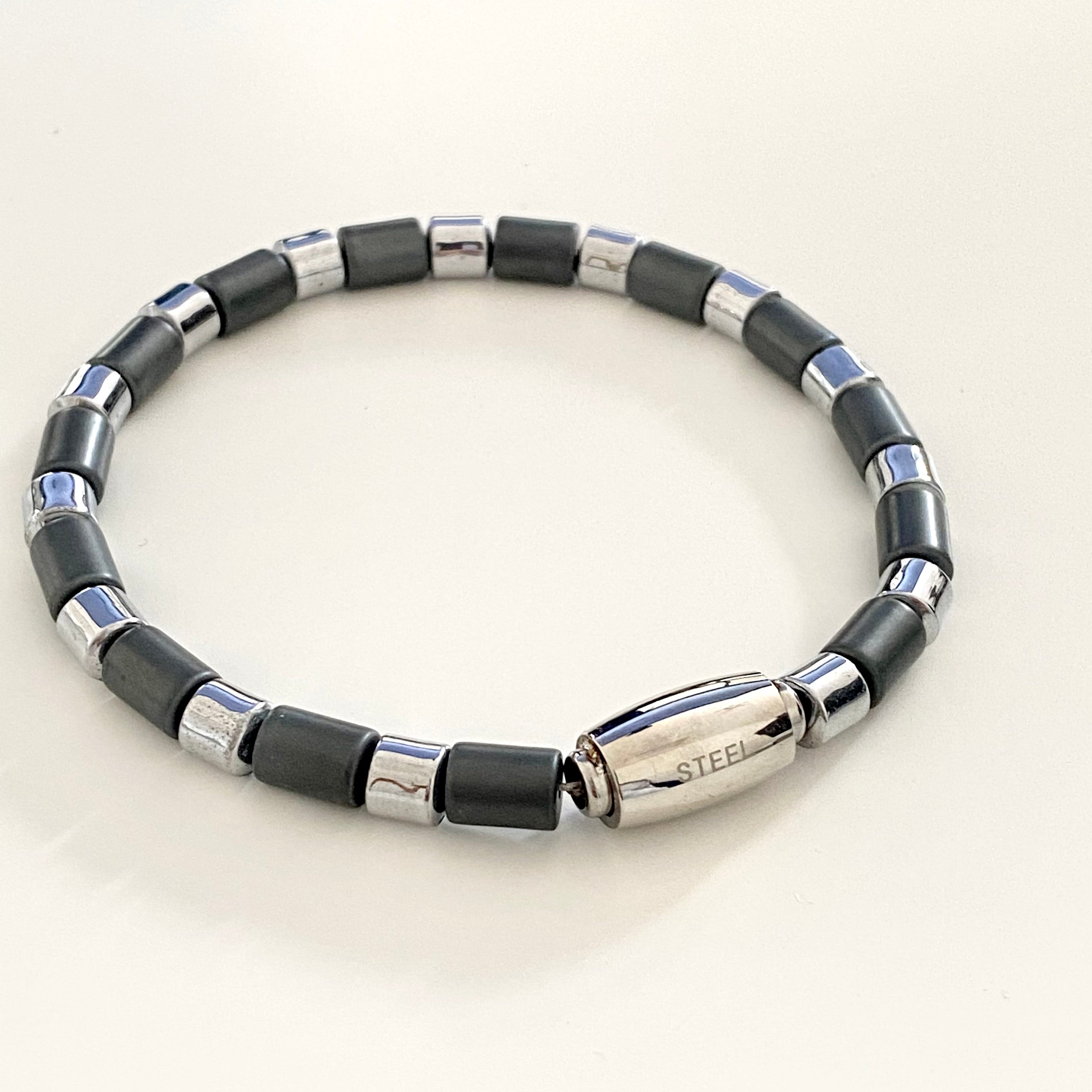 Haematite and Stainless Steel Bead Bracelet with Magnetic Stainless Steel Clasp