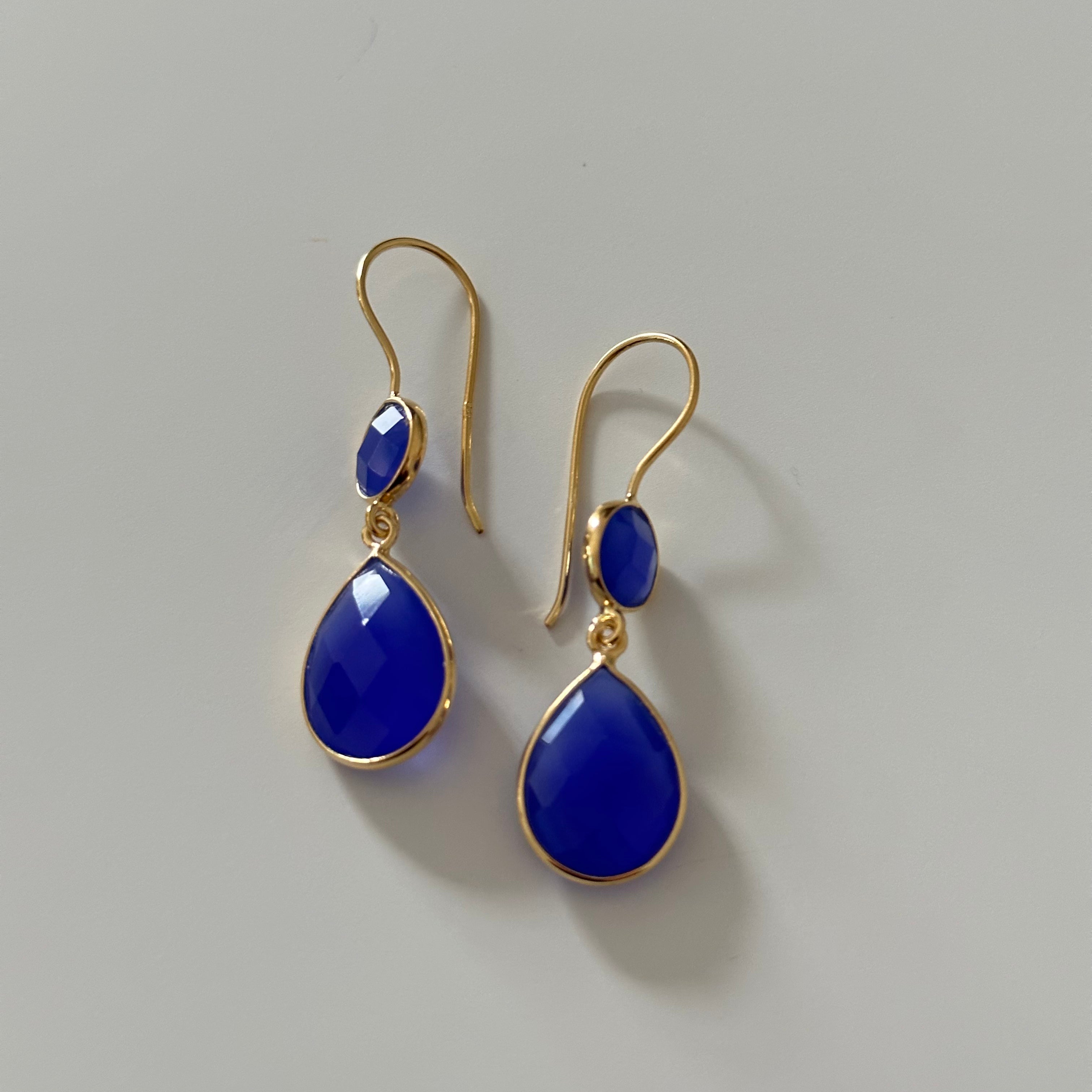 Blue Chalcedony Gemstone Two Stone Earrings in Gold Plated Sterling Silver - Teardrop