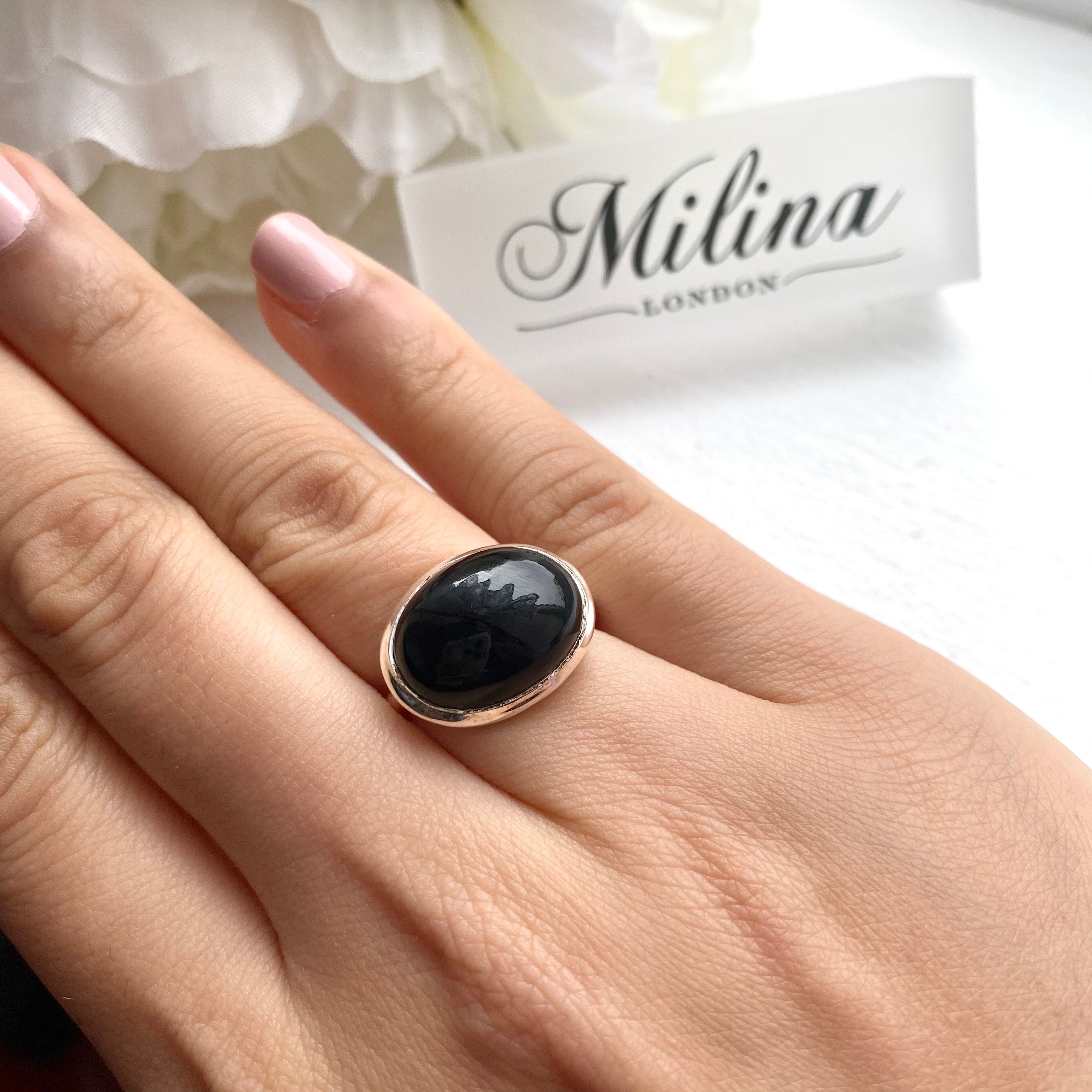 Cabochon Oval Cut Natural Gemstone Sterling Silver Ring - Black Onyx