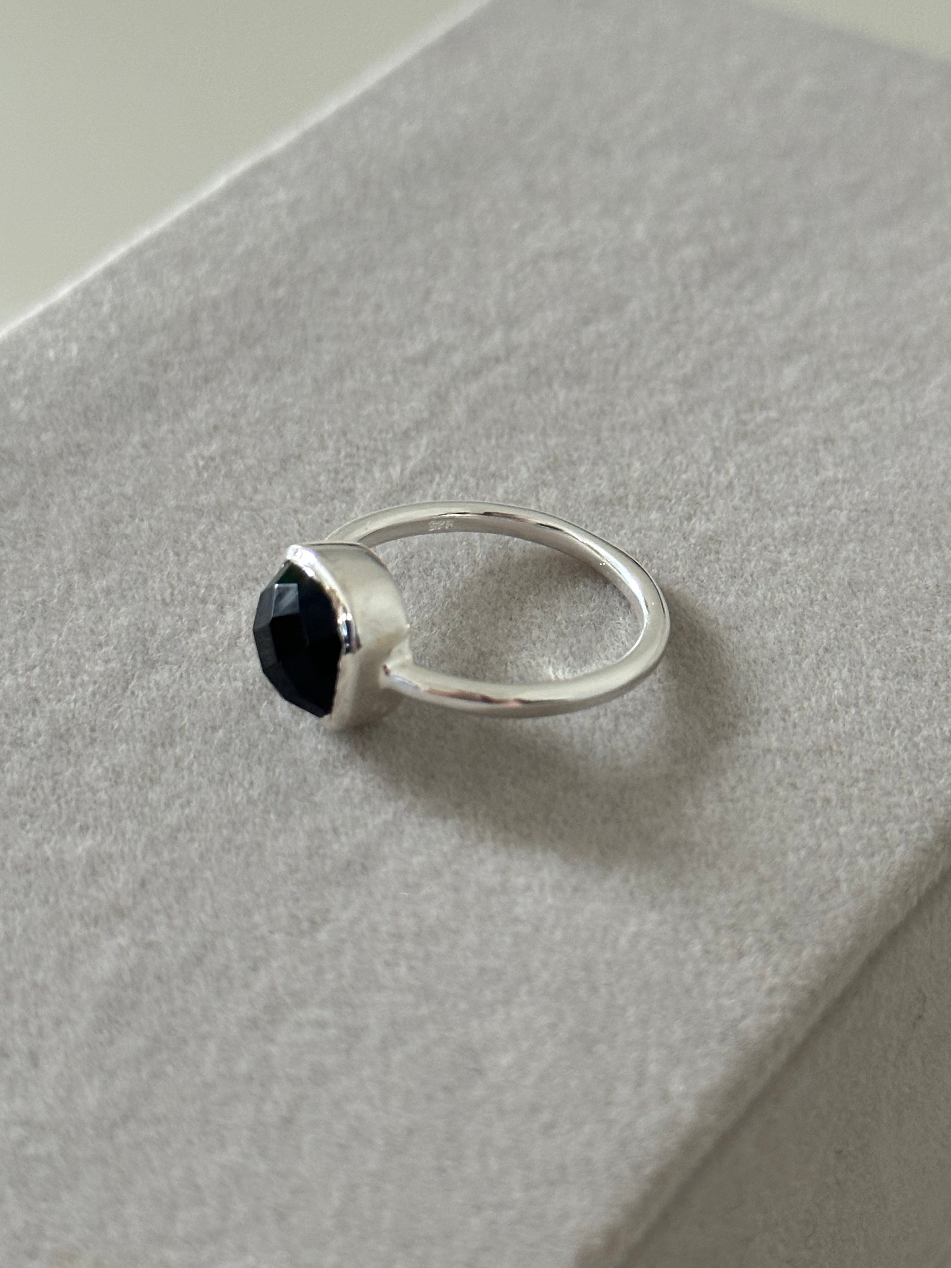 Square Cut Natural Gemstone Sterling Silver Solitaire Ring - Black Onyx