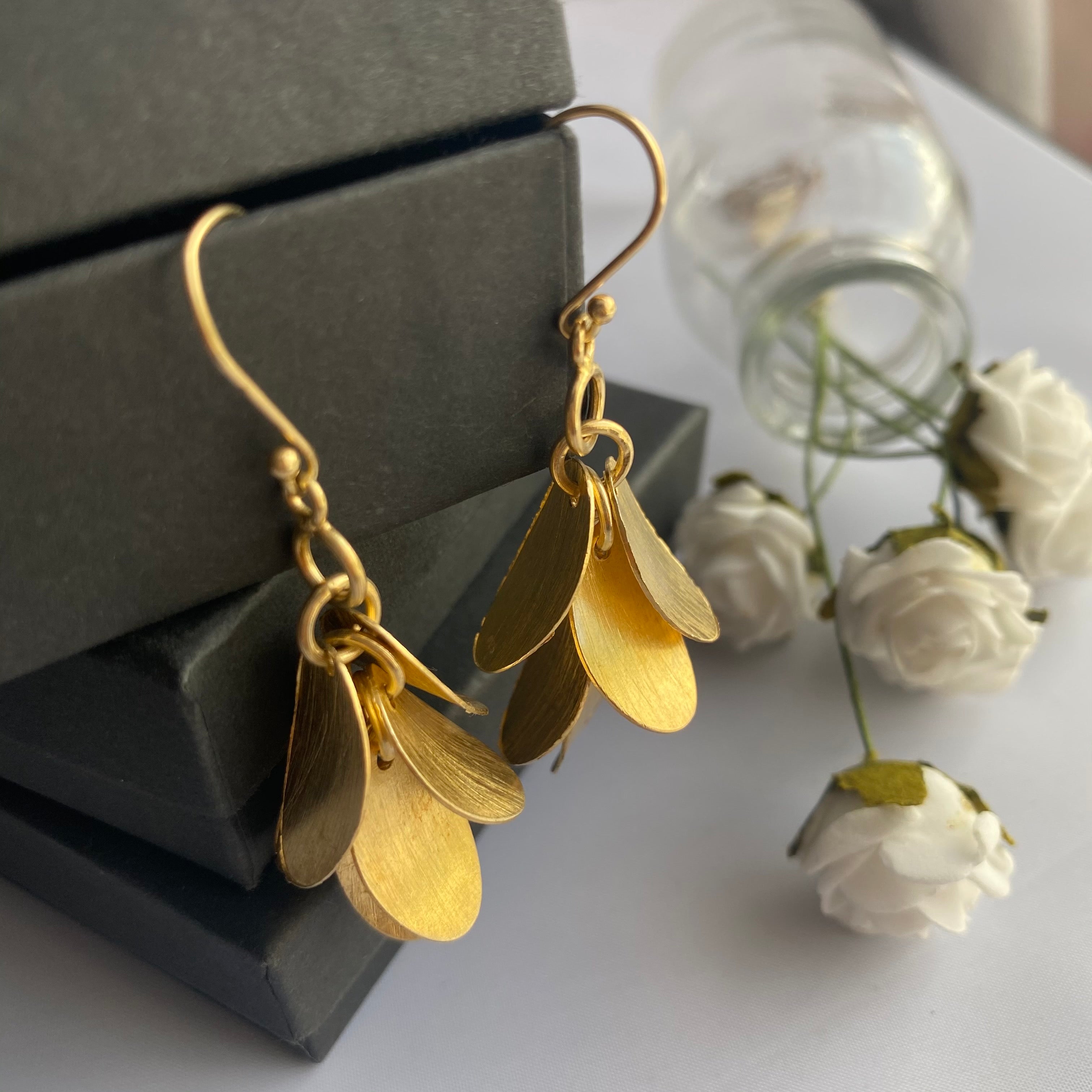 Falling Leaves Brushed Gold Plated Silver Long Dangle Earrings Milina London