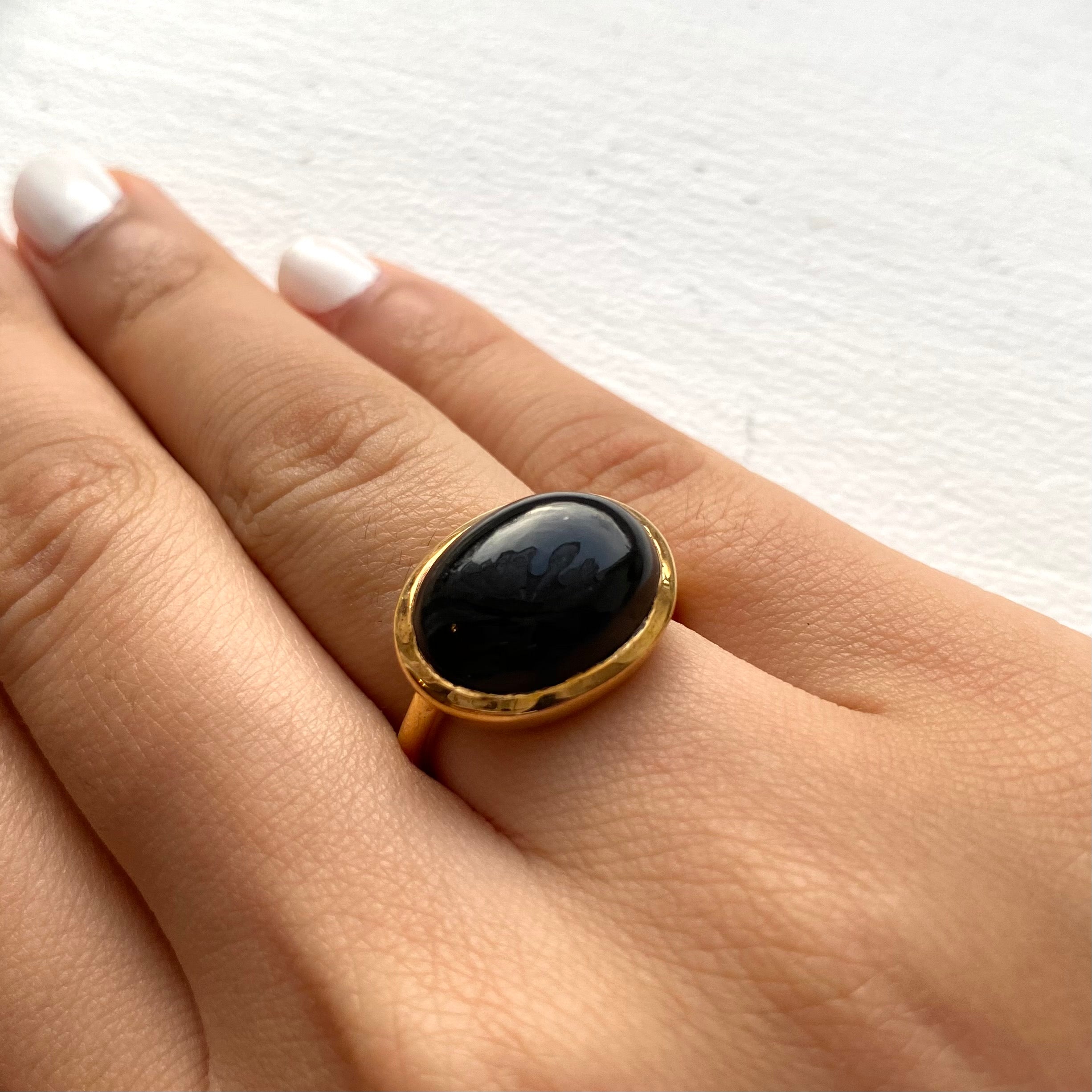 Cabochon Oval Cut Natural Gemstone Gold Plated Sterling Silver Ring - Black Onyx