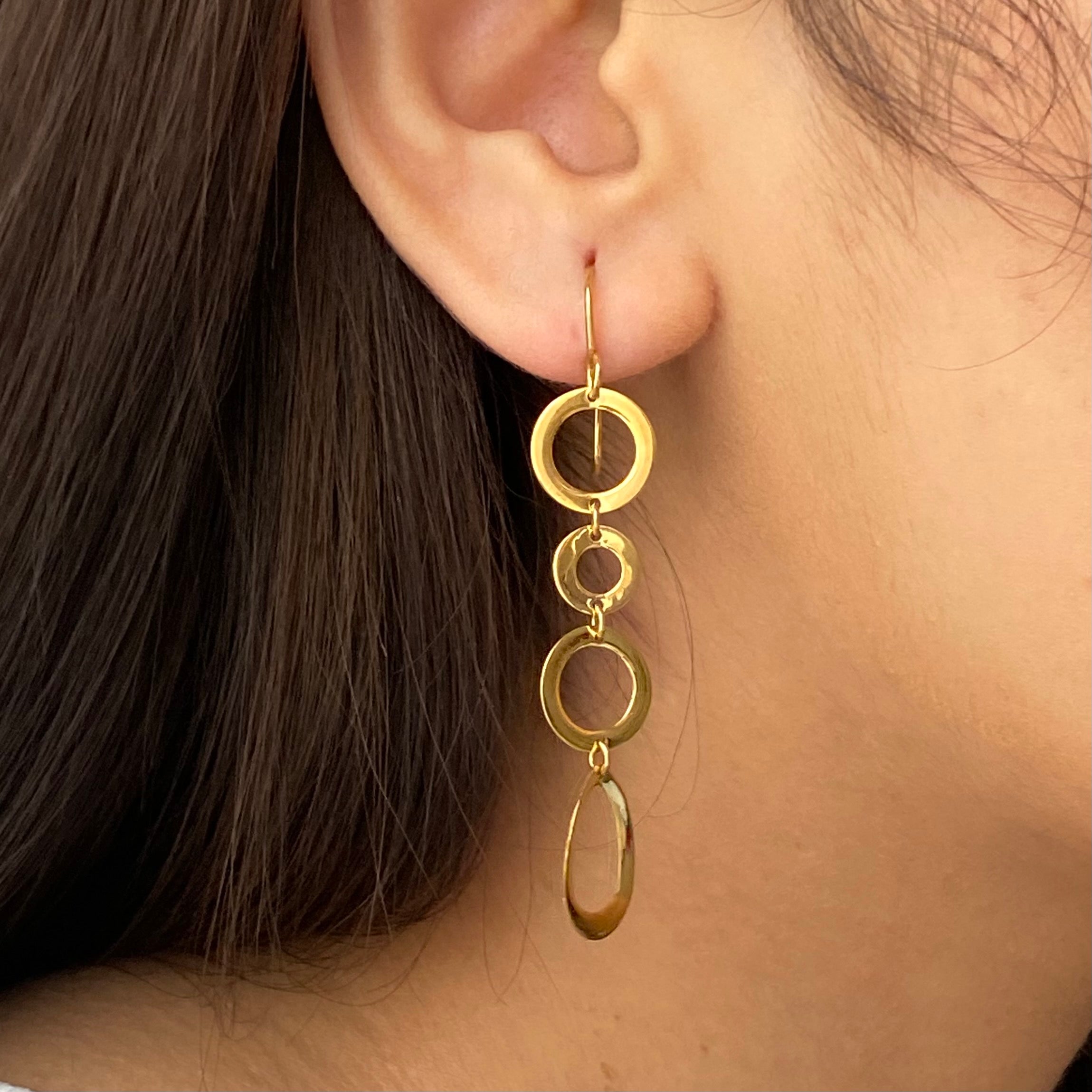 Gold Plated Sterling Silver Long Earrings with Round and Tear Drop Shaped Rings