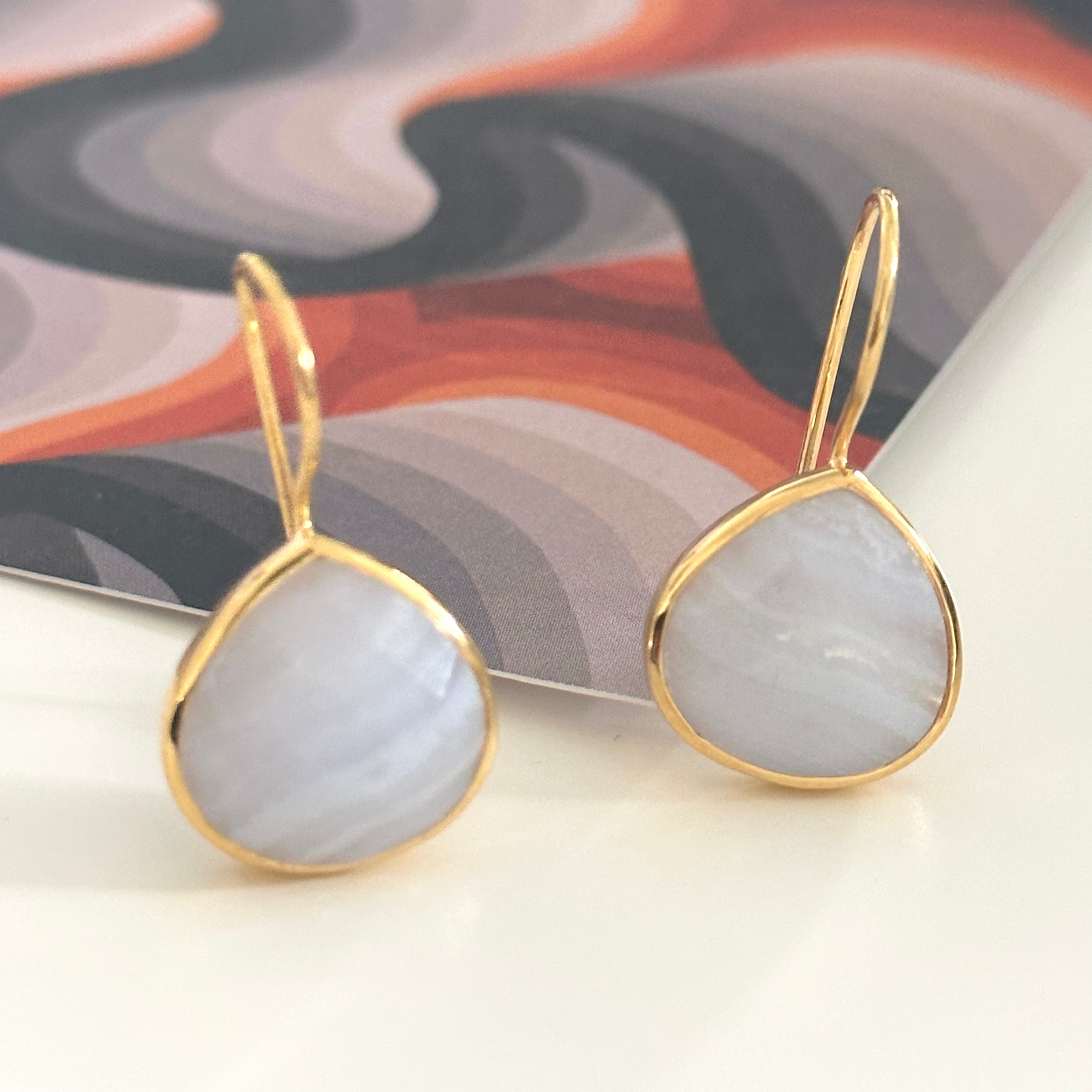 Blue Laced Agate Gemstone Gold Plated Sterling Silver Teardrop Earrings