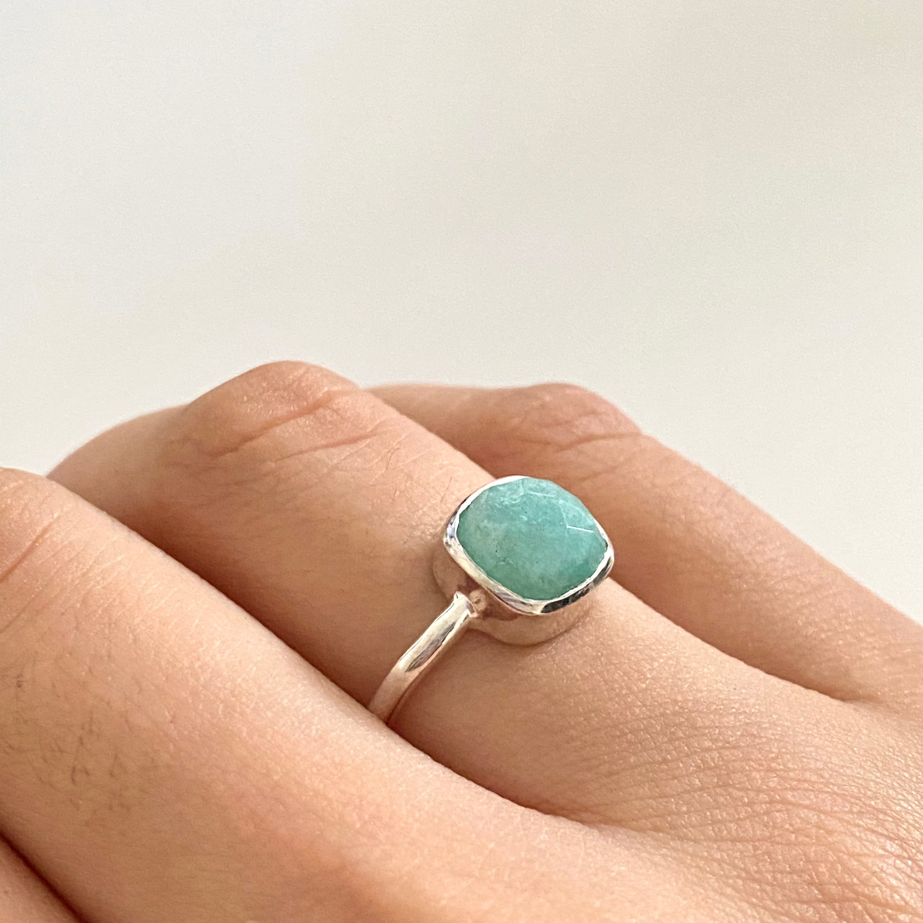 Faceted Square Cut Natural Gemstone Sterling Silver Solitaire Ring - Amazonite