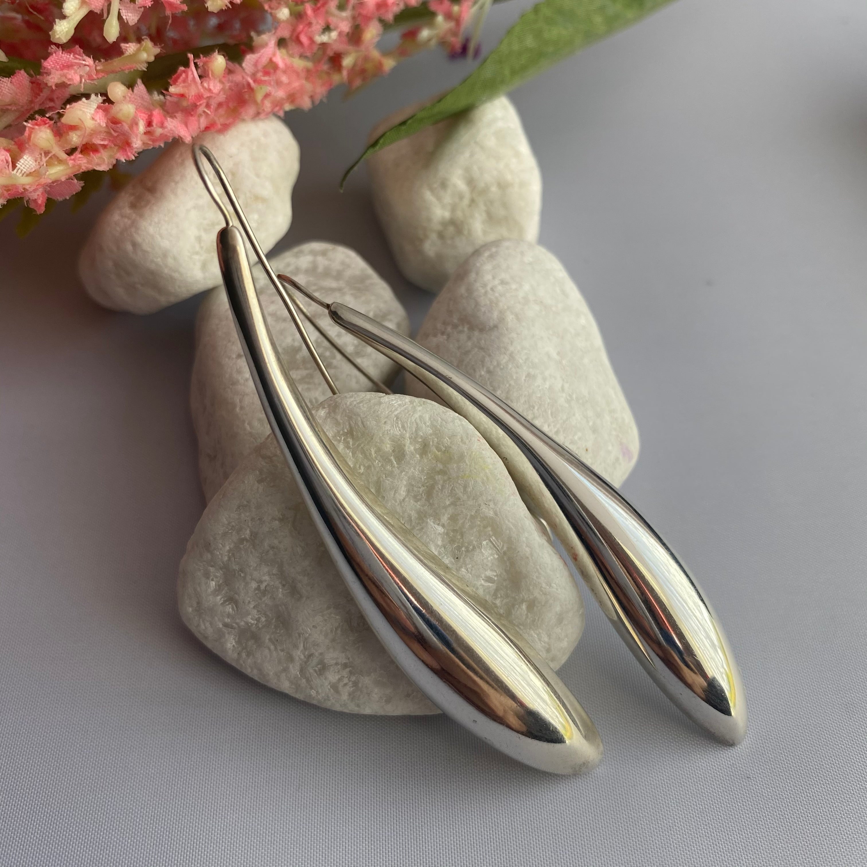 Silver Earrings - Long Curved Statement Earrings
