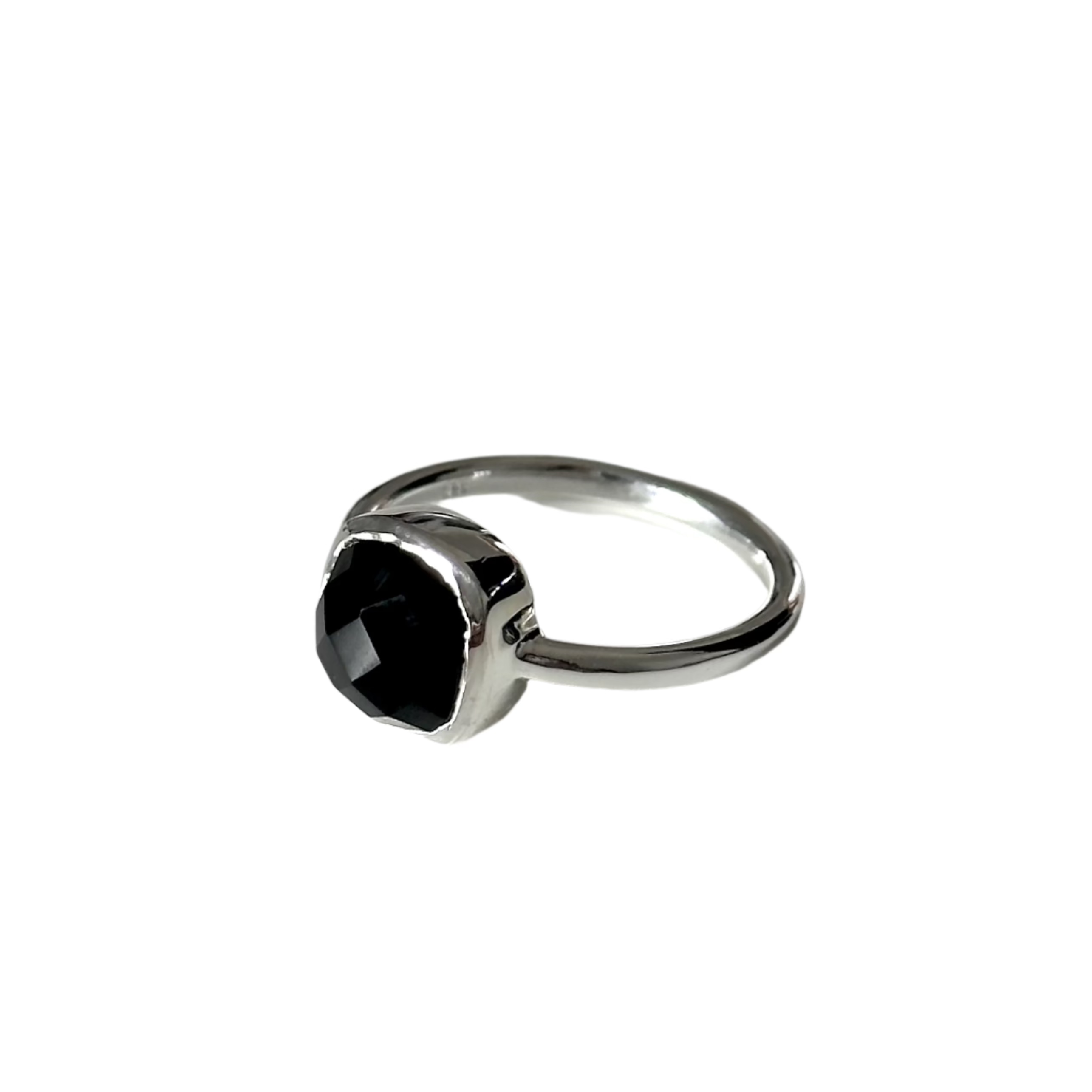 Square Cut Natural Gemstone Sterling Silver Solitaire Ring - Black Onyx