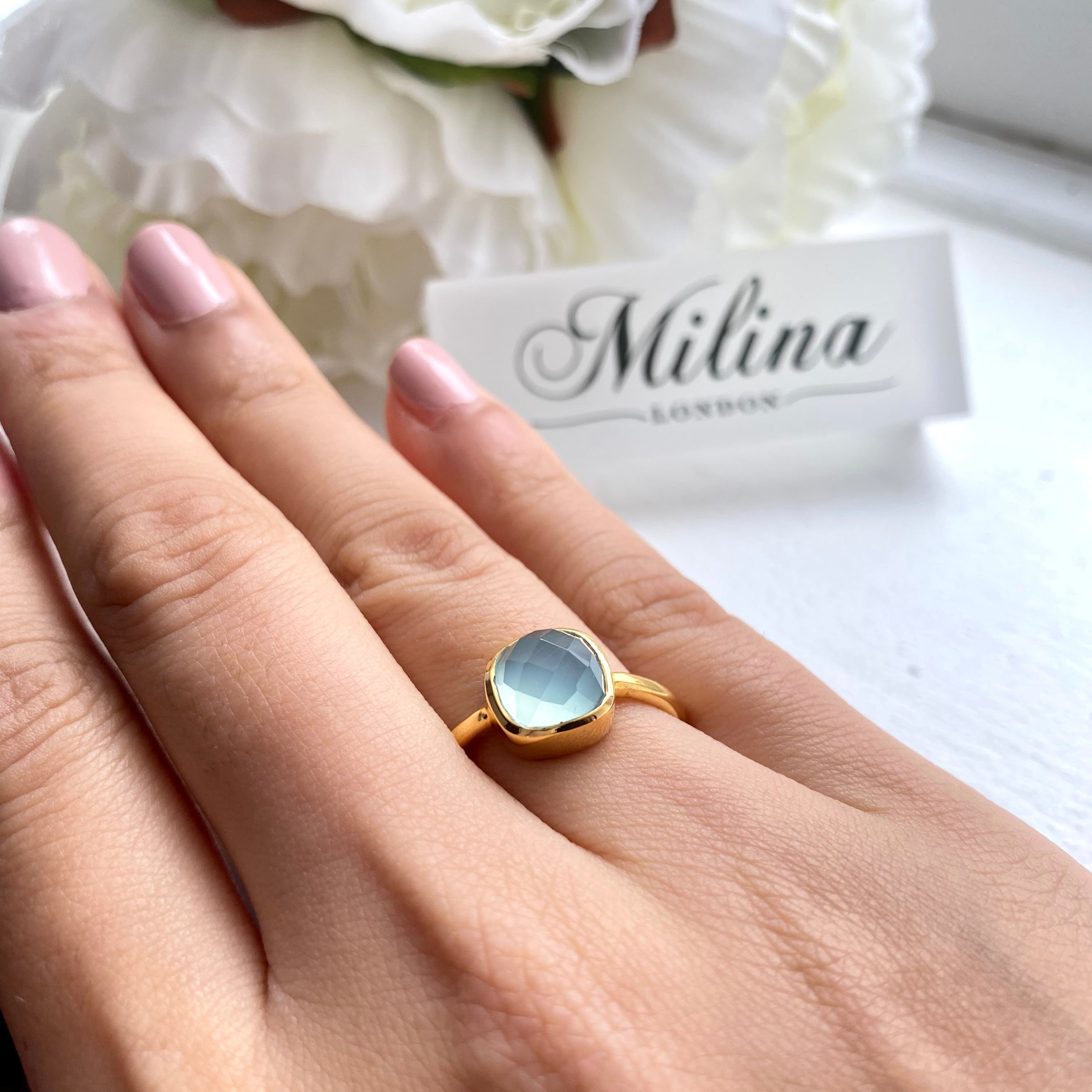 Faceted Square Cut Natural Gemstone Gold Plated Sterling Silver Solitaire Ring - Aqua Chalcedony