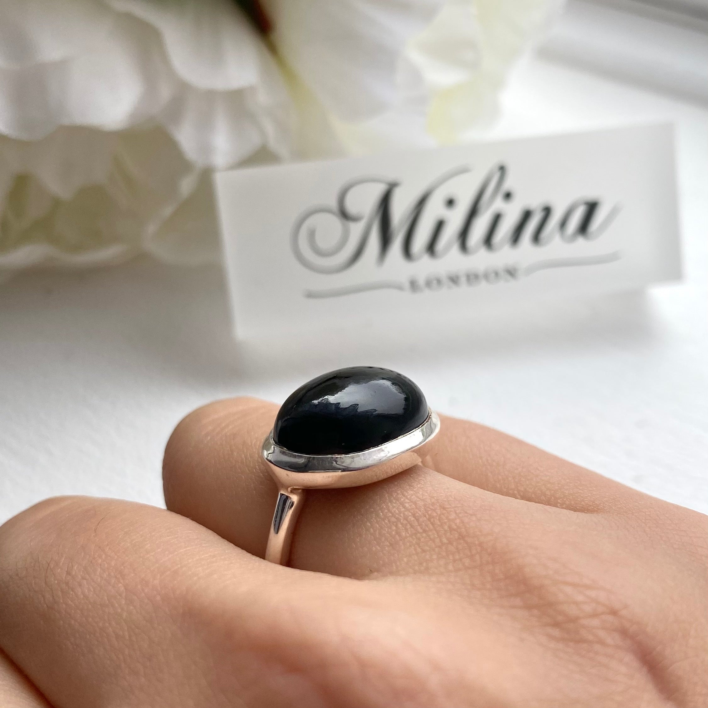 Cabochon Oval Cut Natural Gemstone Sterling Silver Ring - Black Onyx