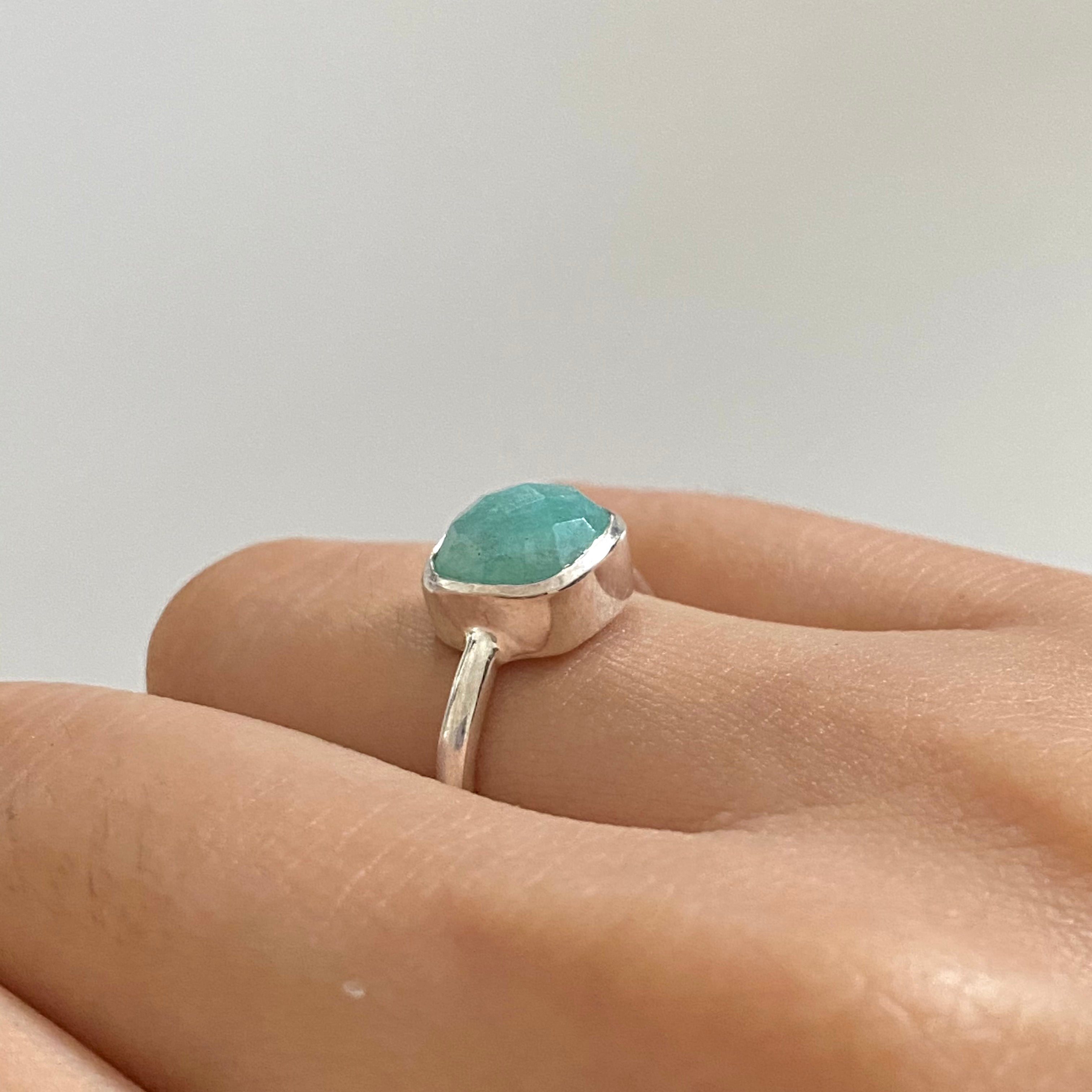 Faceted Square Cut Natural Gemstone Sterling Silver Solitaire Ring - Amazonite