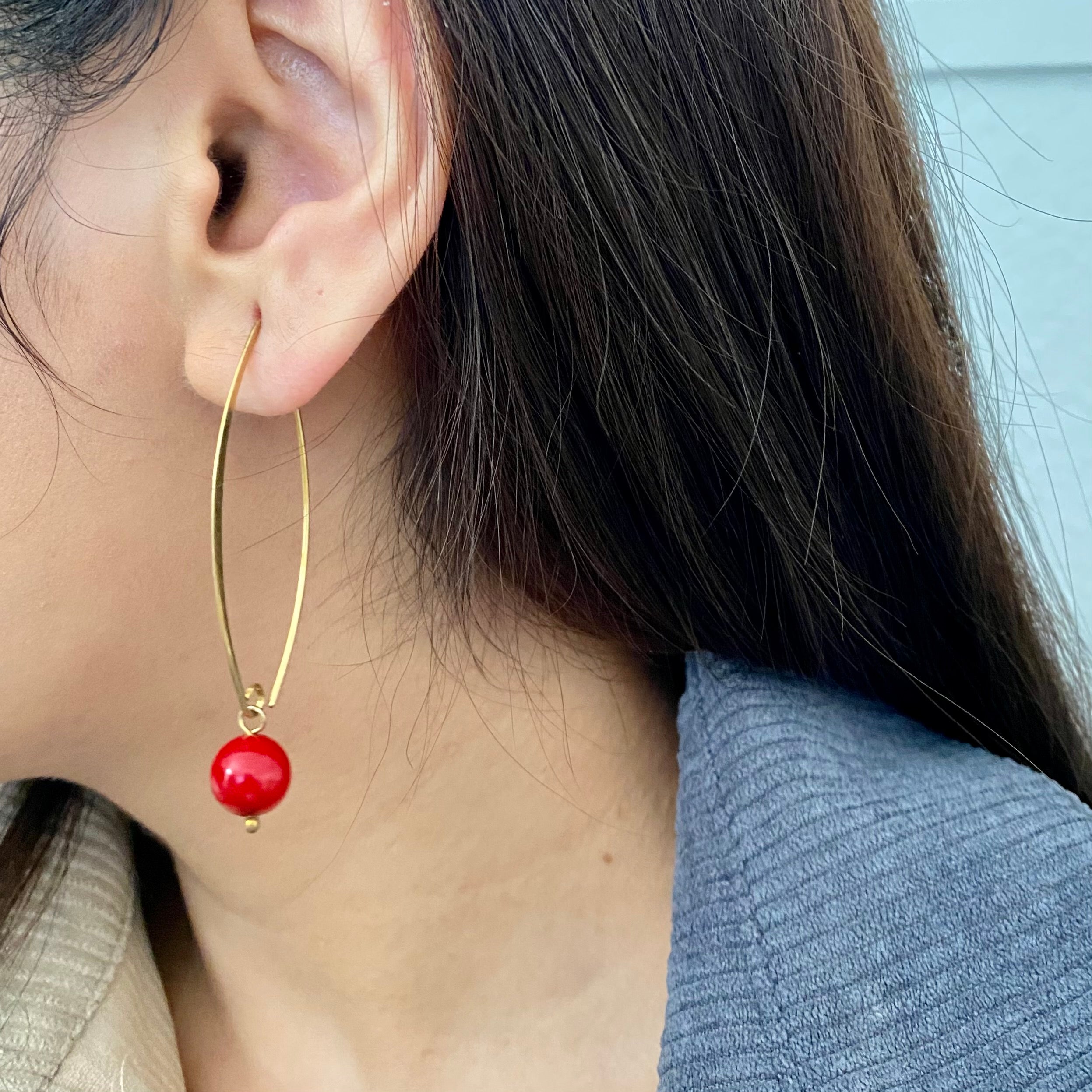 Gold Plated Long Sterling Silver Threader Earrings with a Coral Drop