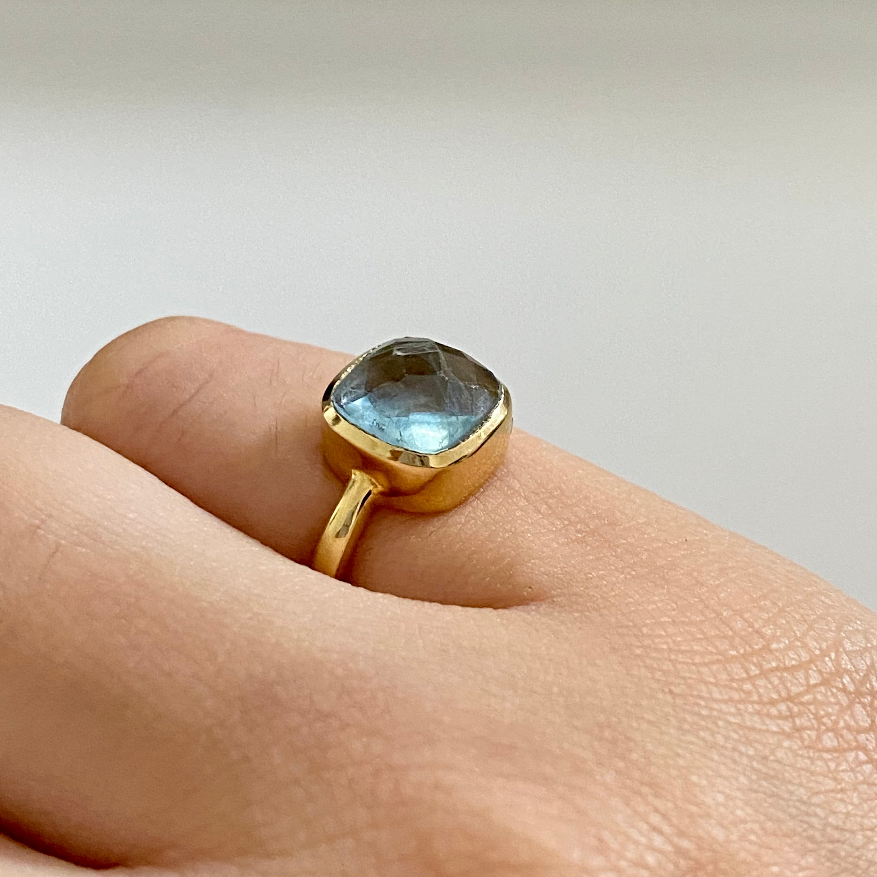 Faceted Square Cut Natural Gemstone Gold Plated Sterling Silver Solitaire Ring - Apatite