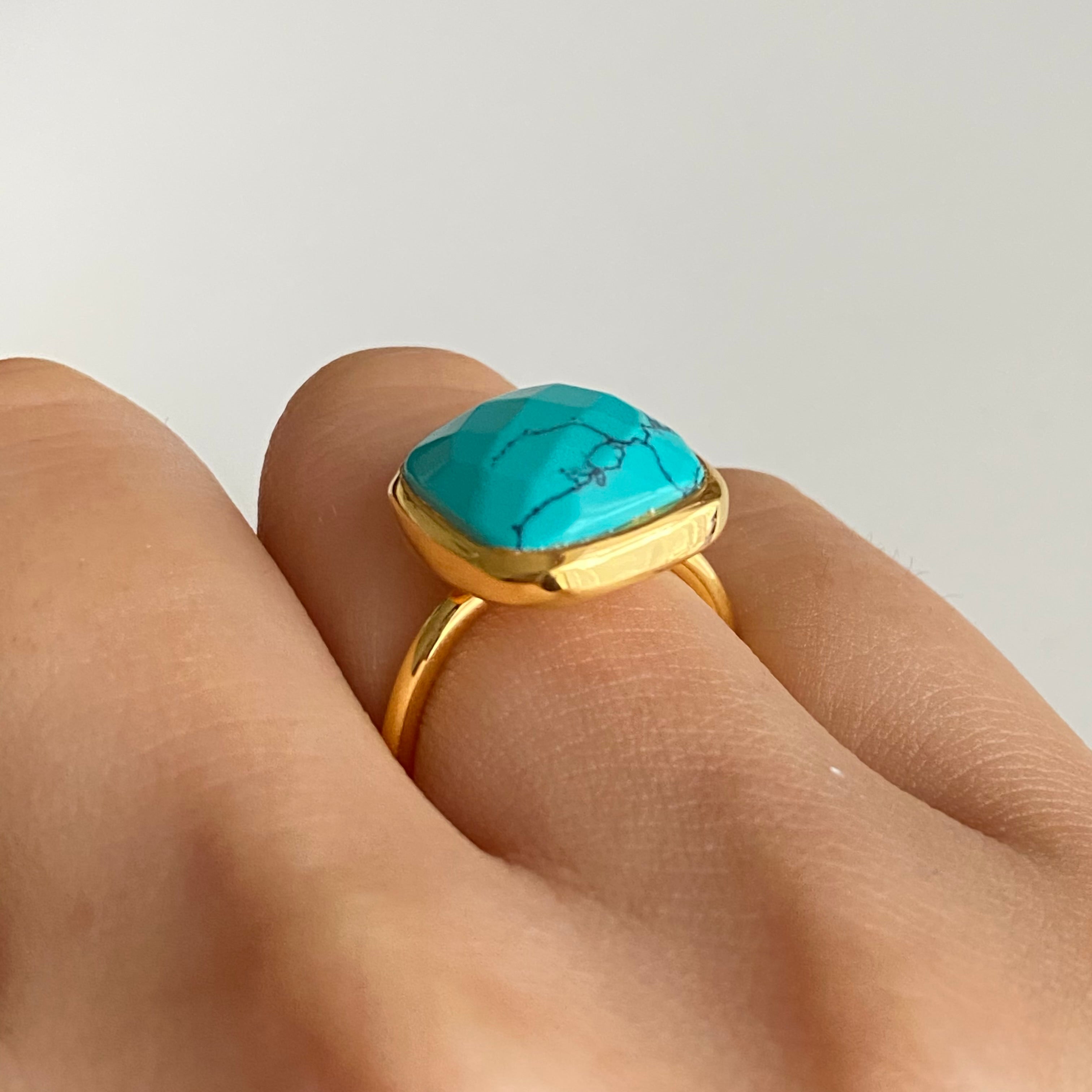 Gold Plated Silver Ring with Square Semiprecious Stone - Turquoise