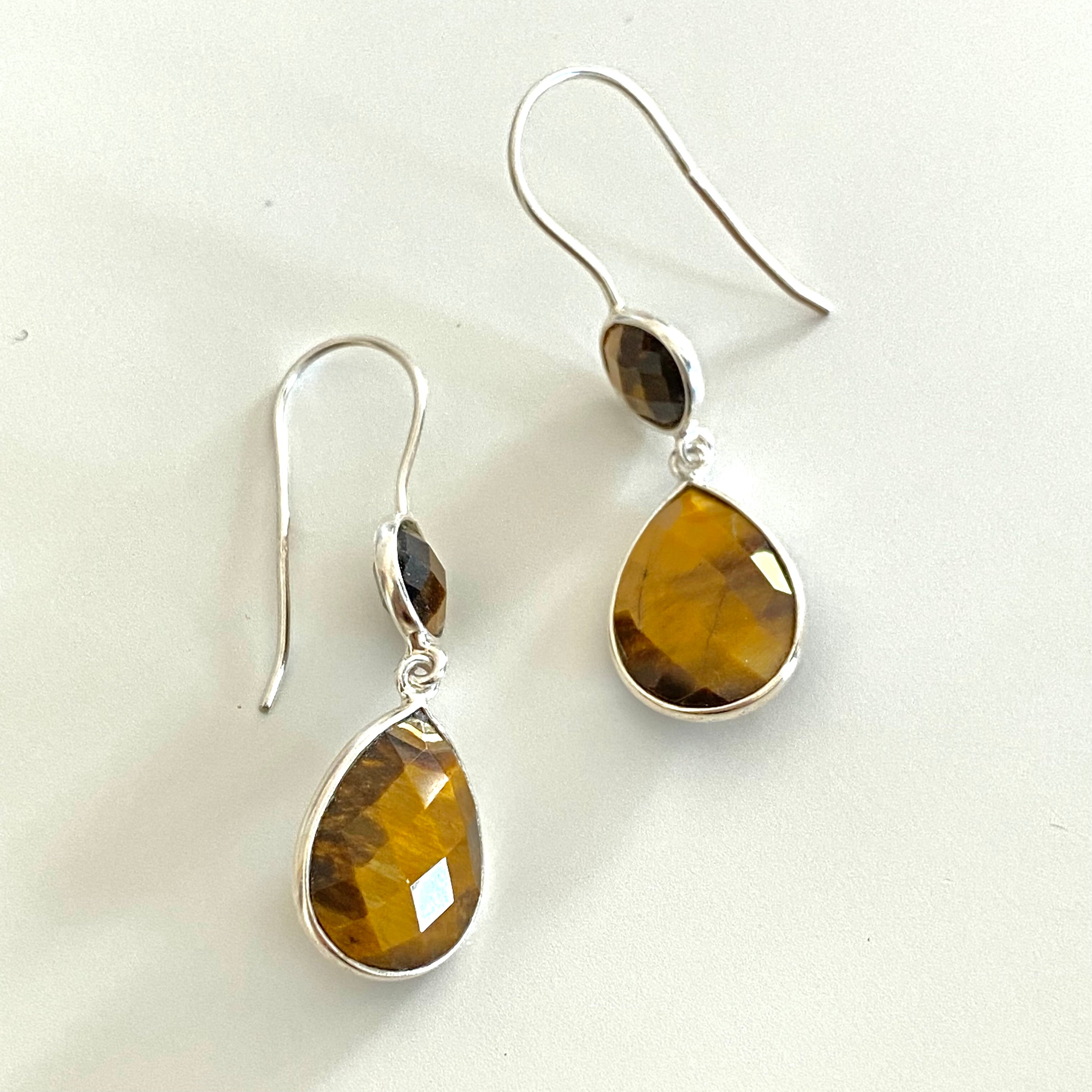 Tiger's Eye Gemstone Two Stone Earrings in Sterling Silver - Teardrop