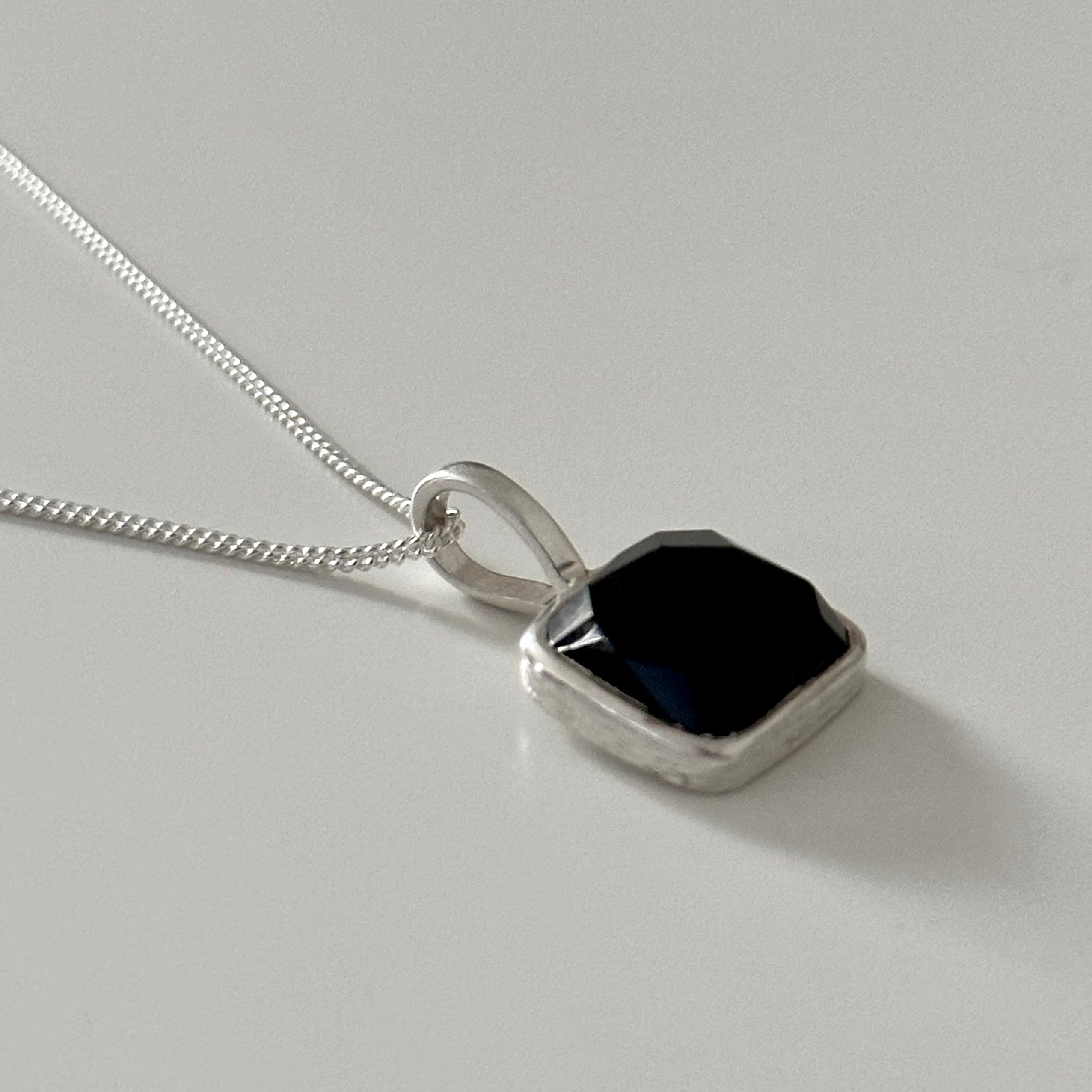 Sterling Silver Pendant Necklace with a Faceted Square Gemstone - Black Onyx