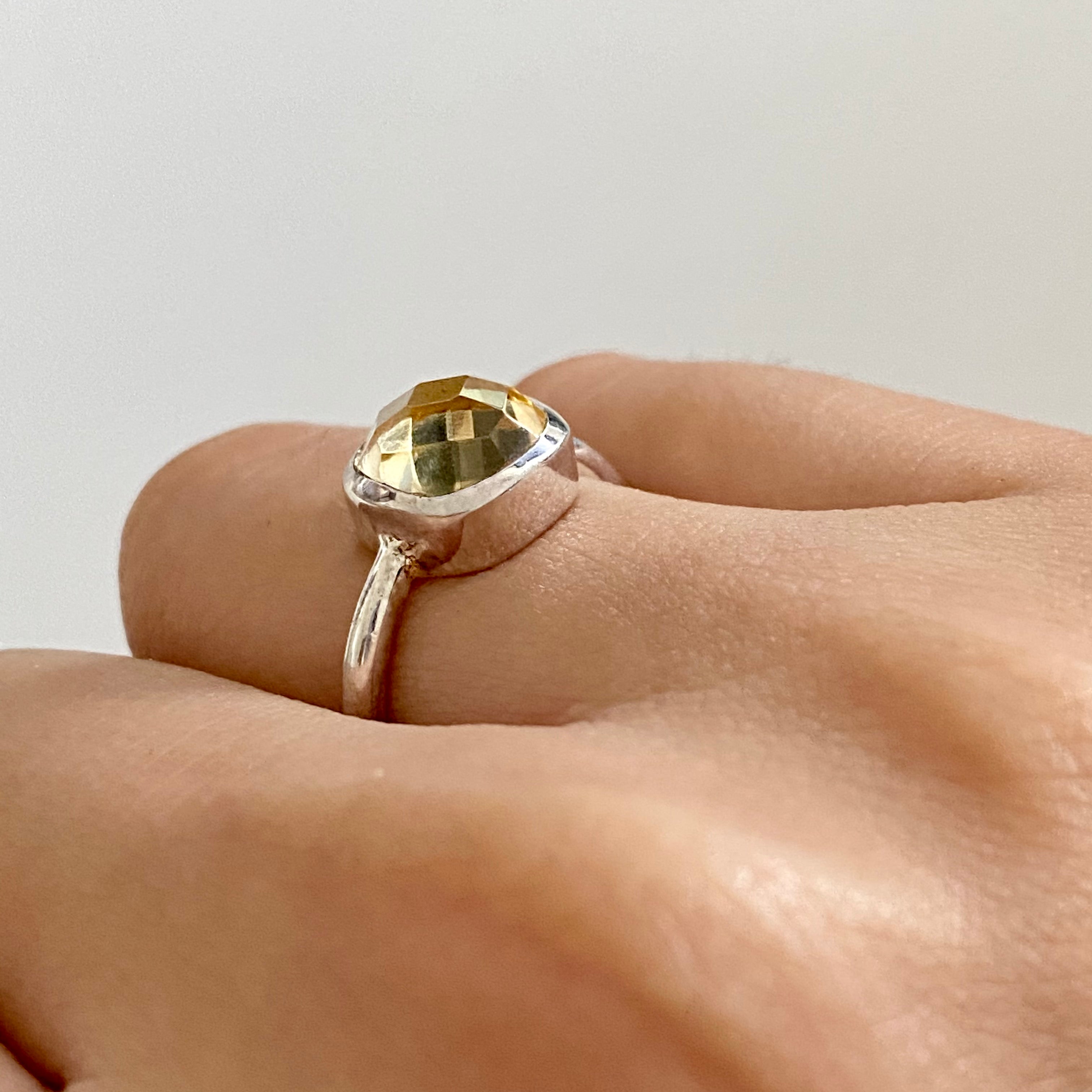 Faceted Square Cut Natural Gemstone Sterling Silver Solitaire Ring - Citrine