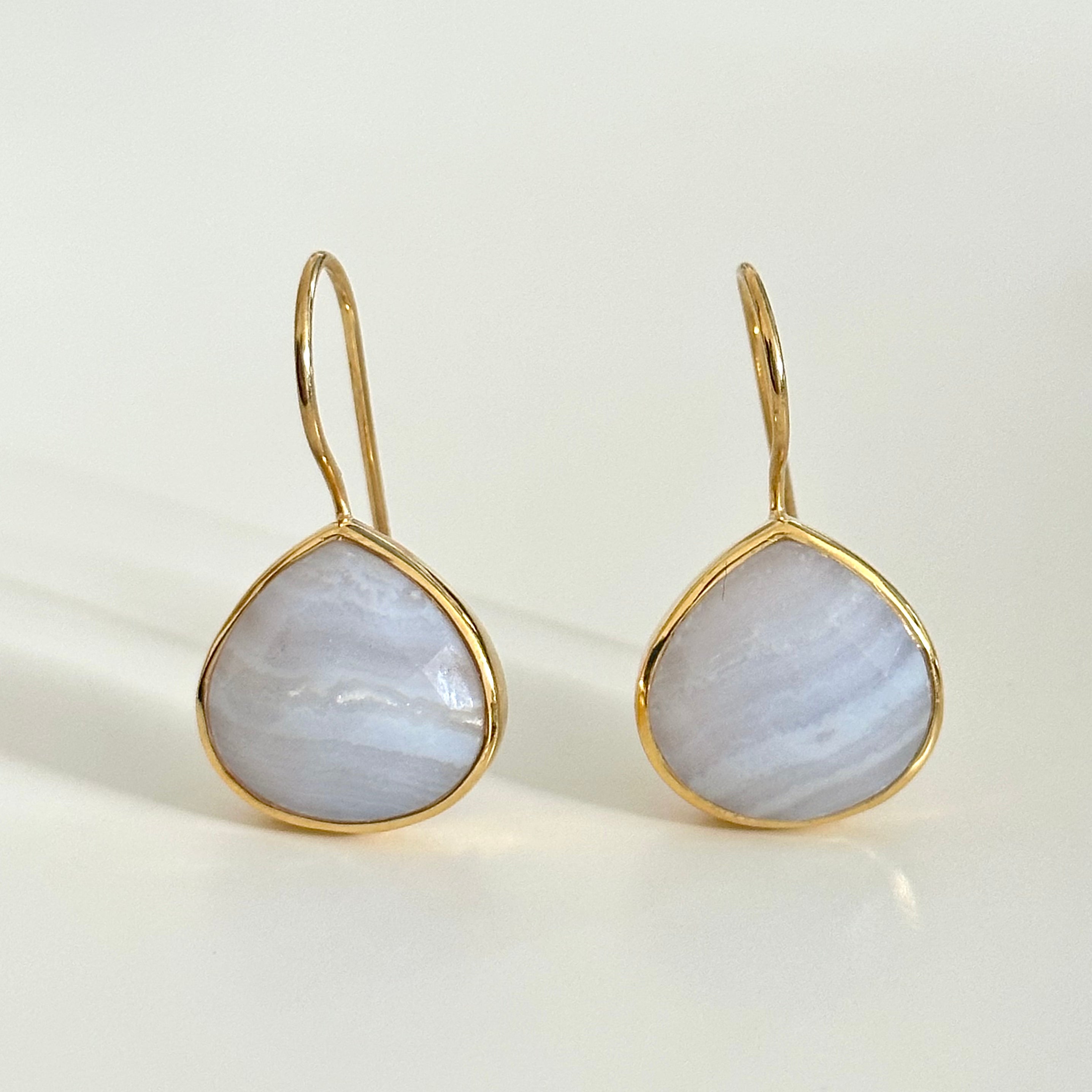 Blue Laced Agate Gemstone Gold Plated Sterling Silver Teardrop Earrings