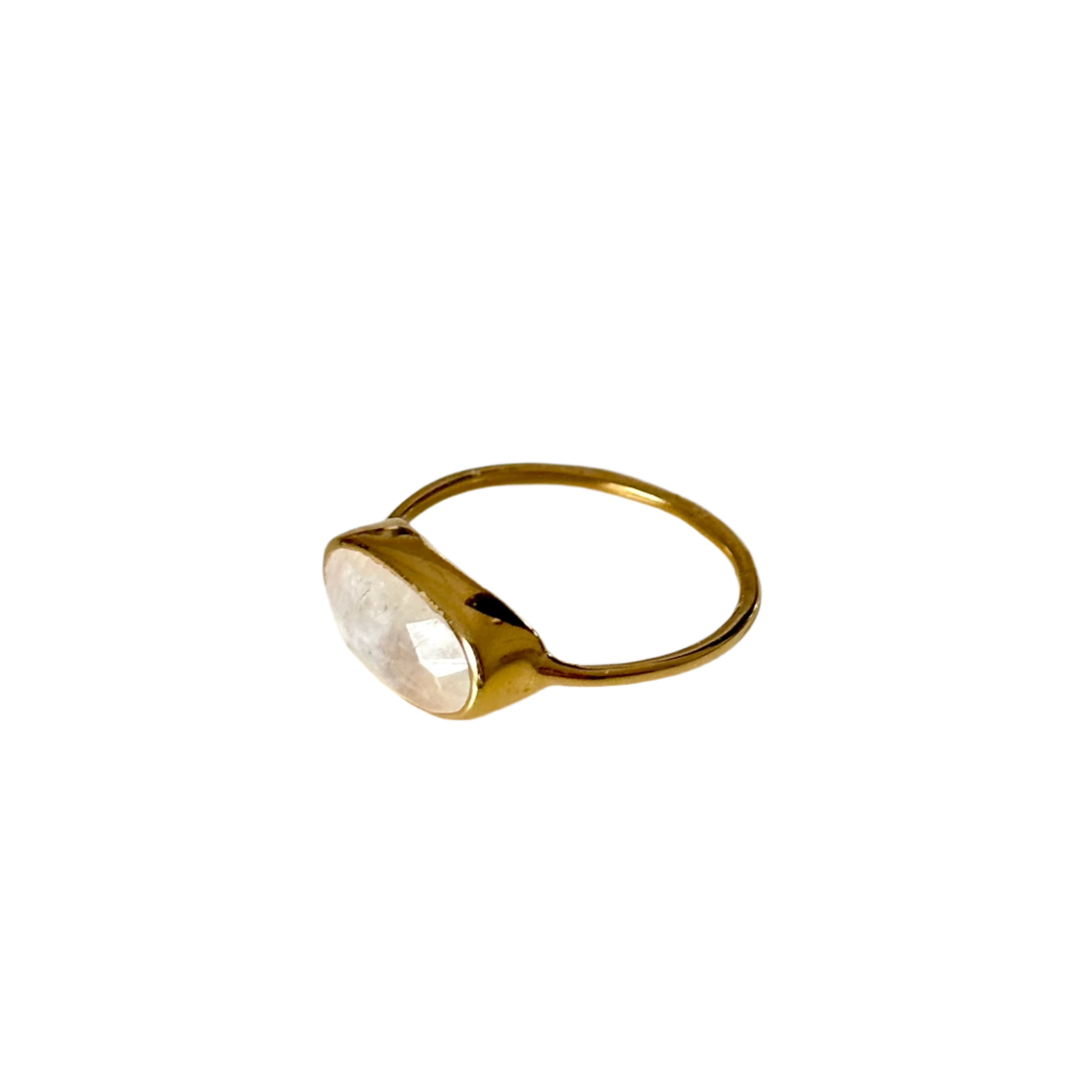 Faceted Oval Cut Natural Gemstone Gold Plated Sterling Silver Fine Band Ring - Moonstone