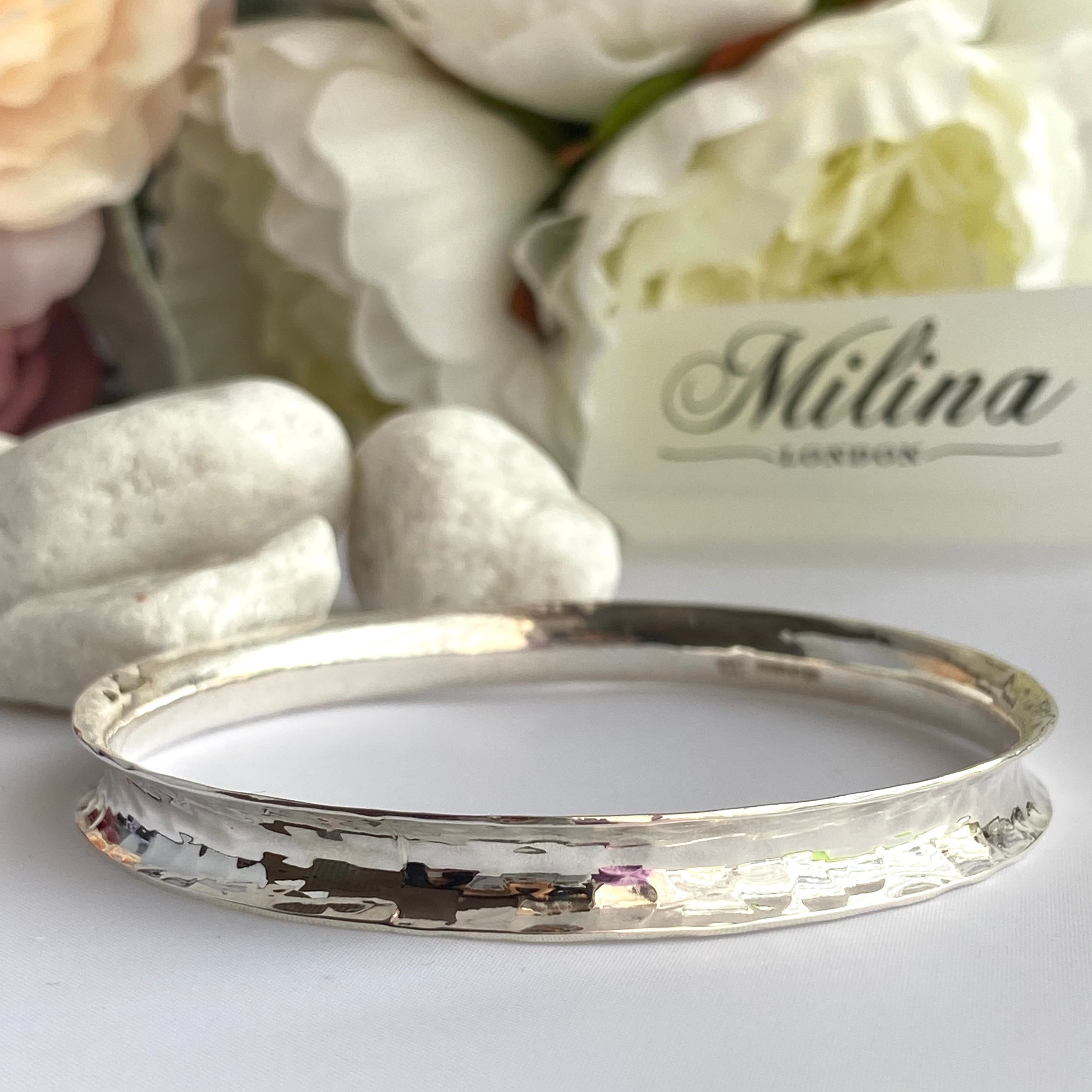 Chunky Sterling Silver 7mm wide Concave Bangle with a Hammered Finish
