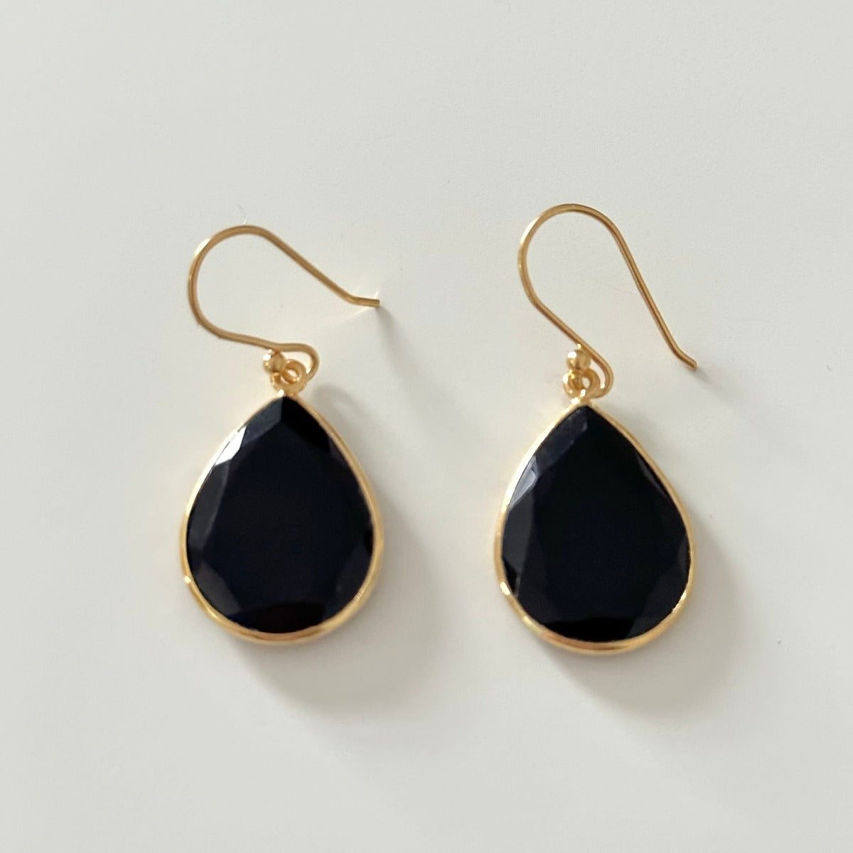 Black Onyx Gold Plated Sterling Silver Earrings with a Tear Drop Shaped Gemstone - Milina London