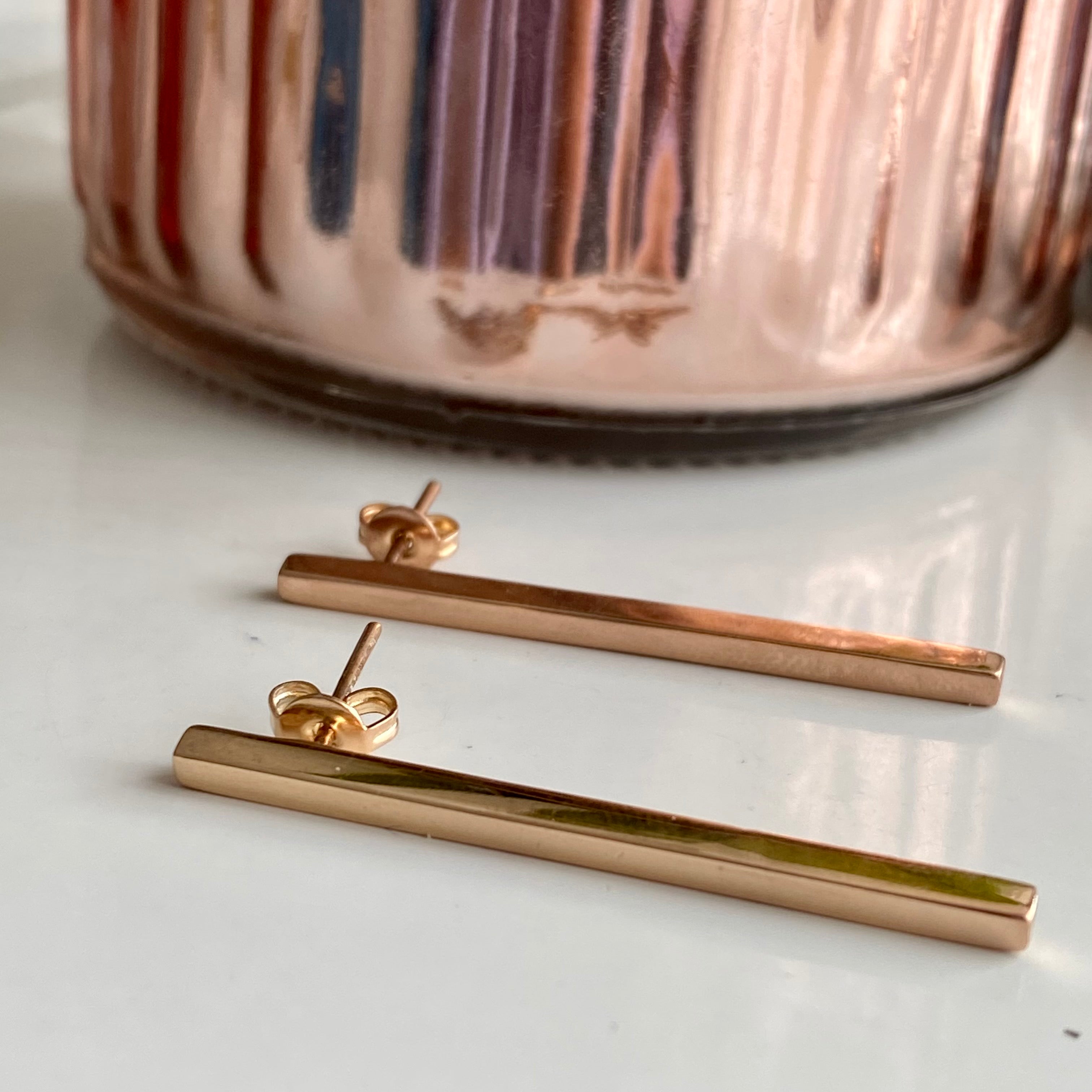 Long Cuboid Shaped Straight Bar Rose Gold Plated Sterling Silver Earrings