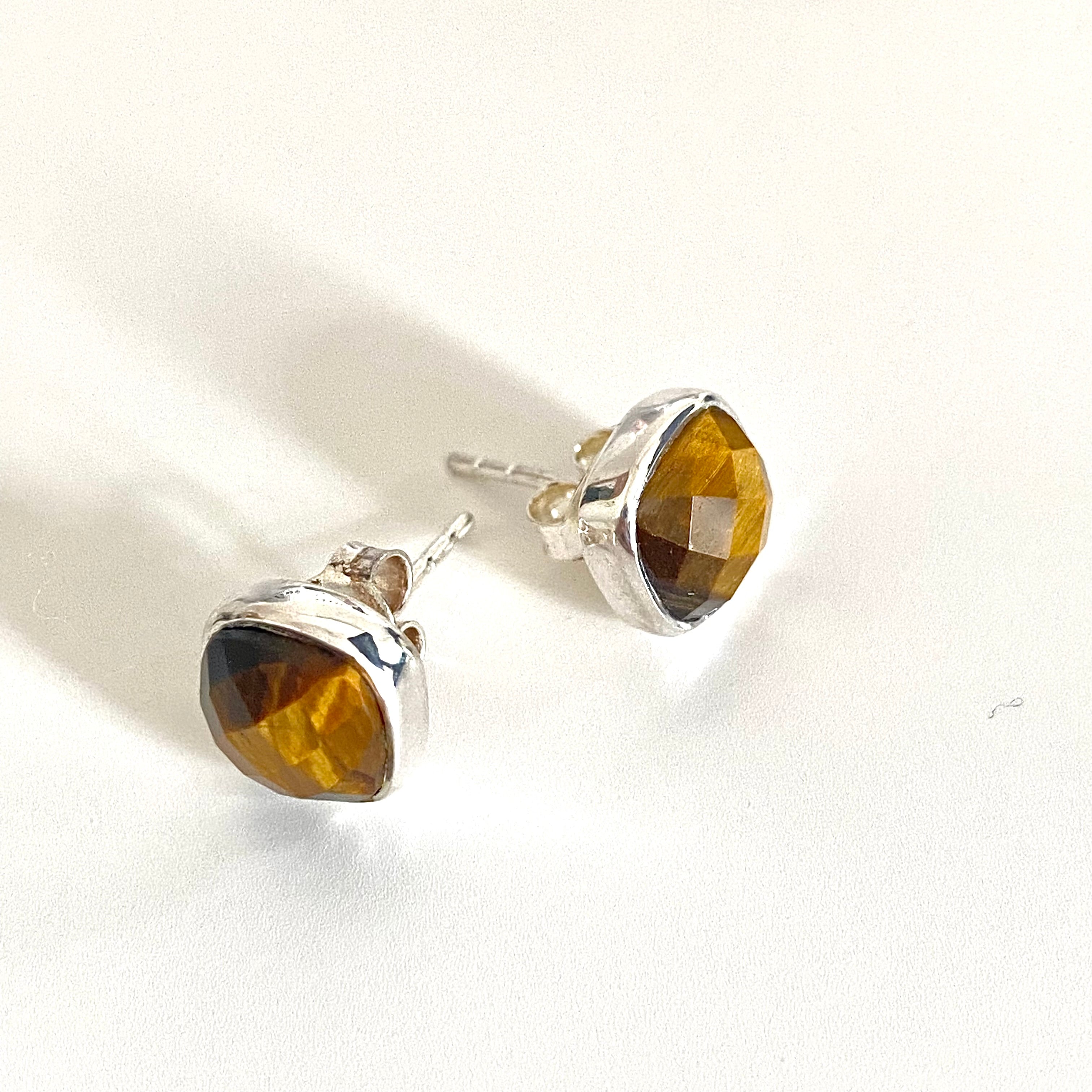 Faceted Square Tiger's Eye Gemstone Stud Earrings in Sterling Silver