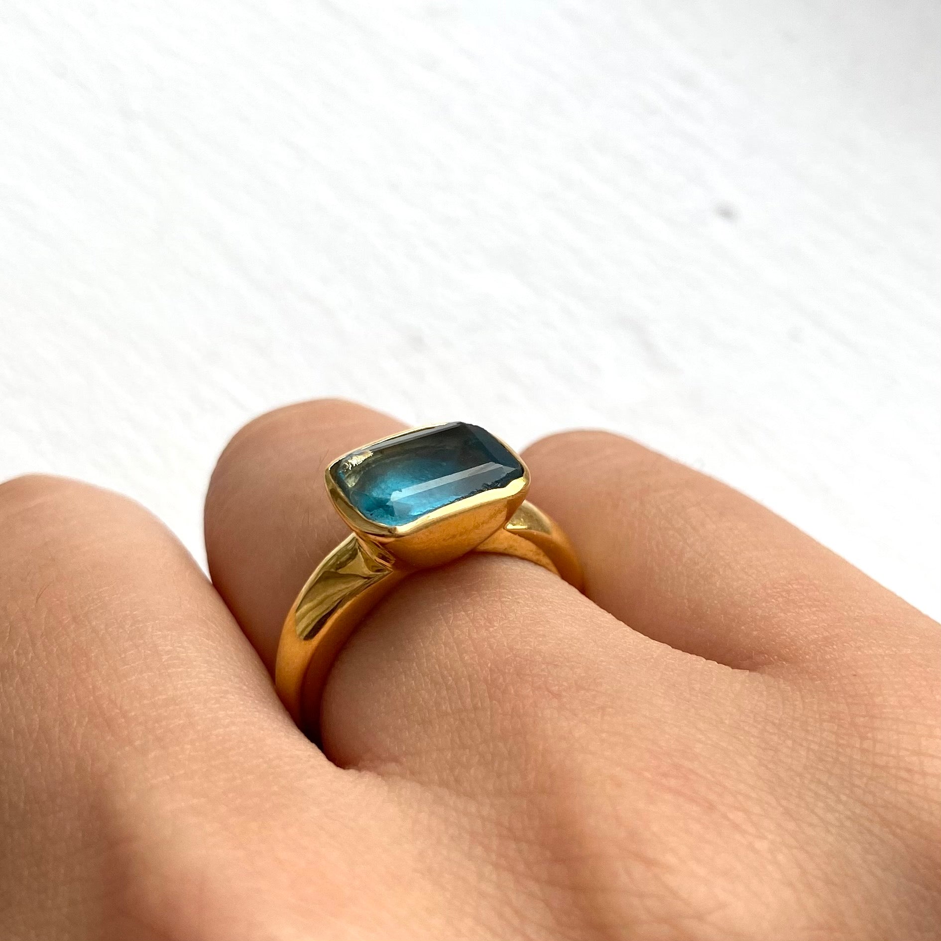 Faceted Rectangular Cut Natural Gemstone Gold Plated Sterling Silver Ring - Apatite