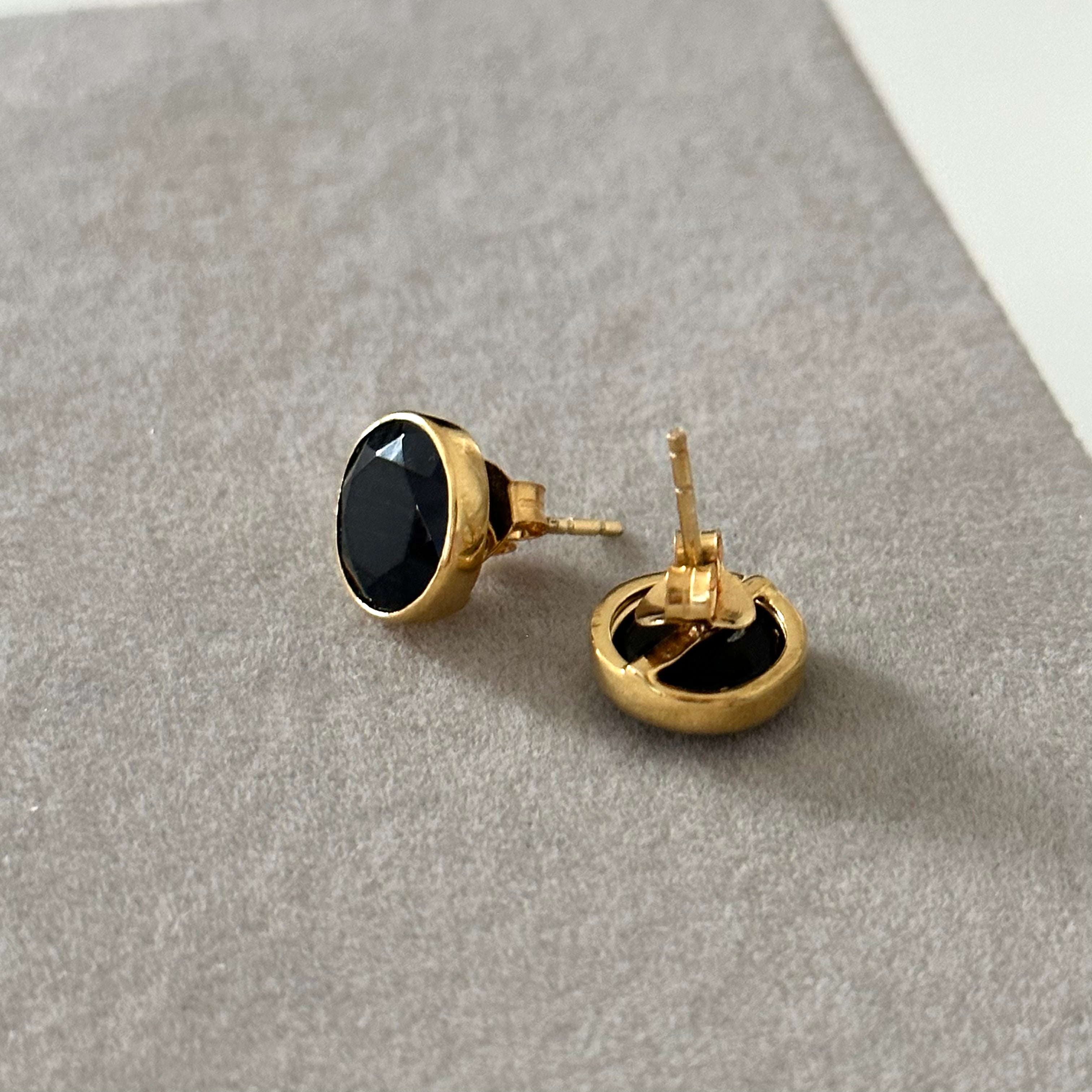 Black Onyx Studs in Gold Plated Sterling Silver with a Round Faceted Gemstone