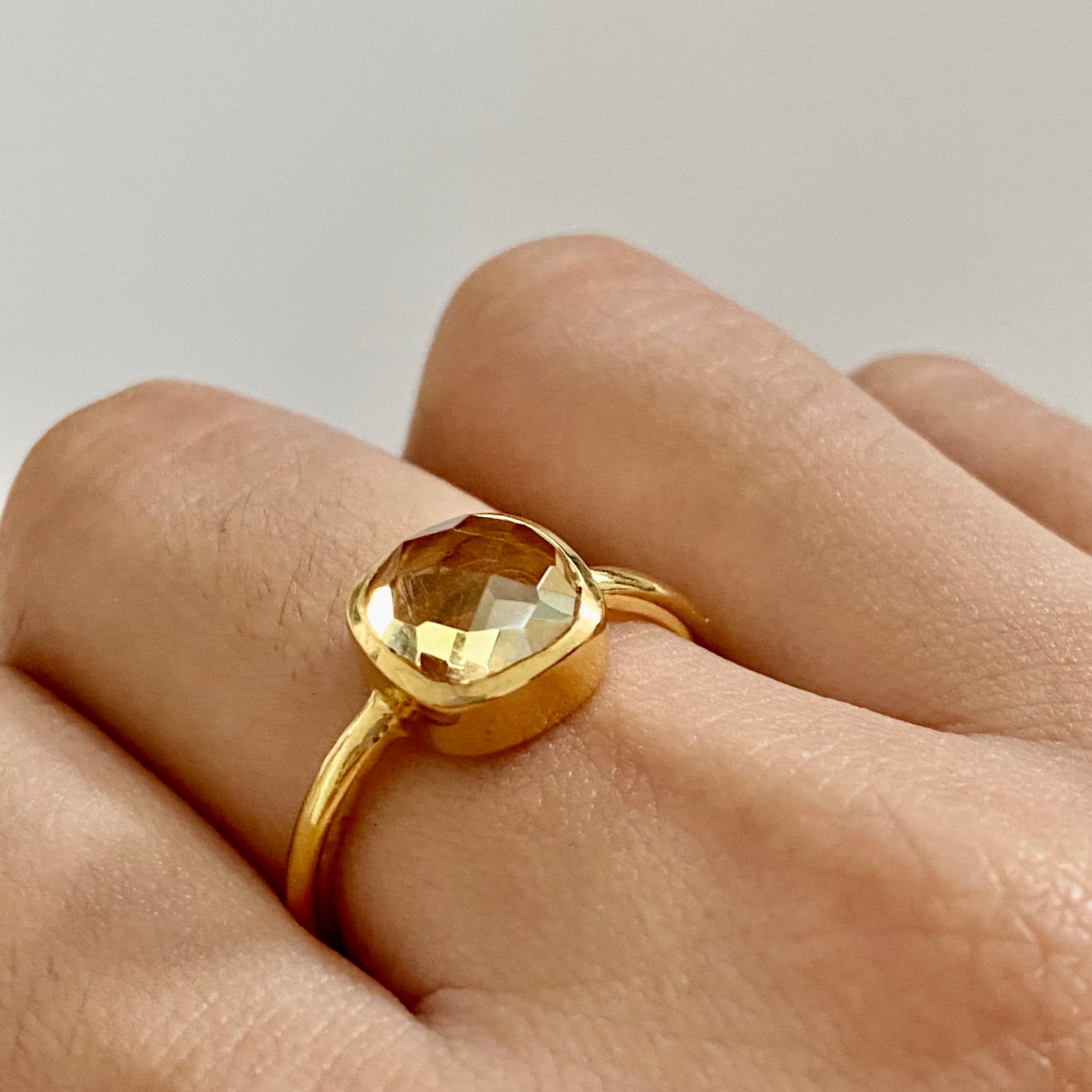 Faceted Square Cut Natural Gemstone Gold Plated Sterling Silver Solitaire Ring - Citrine