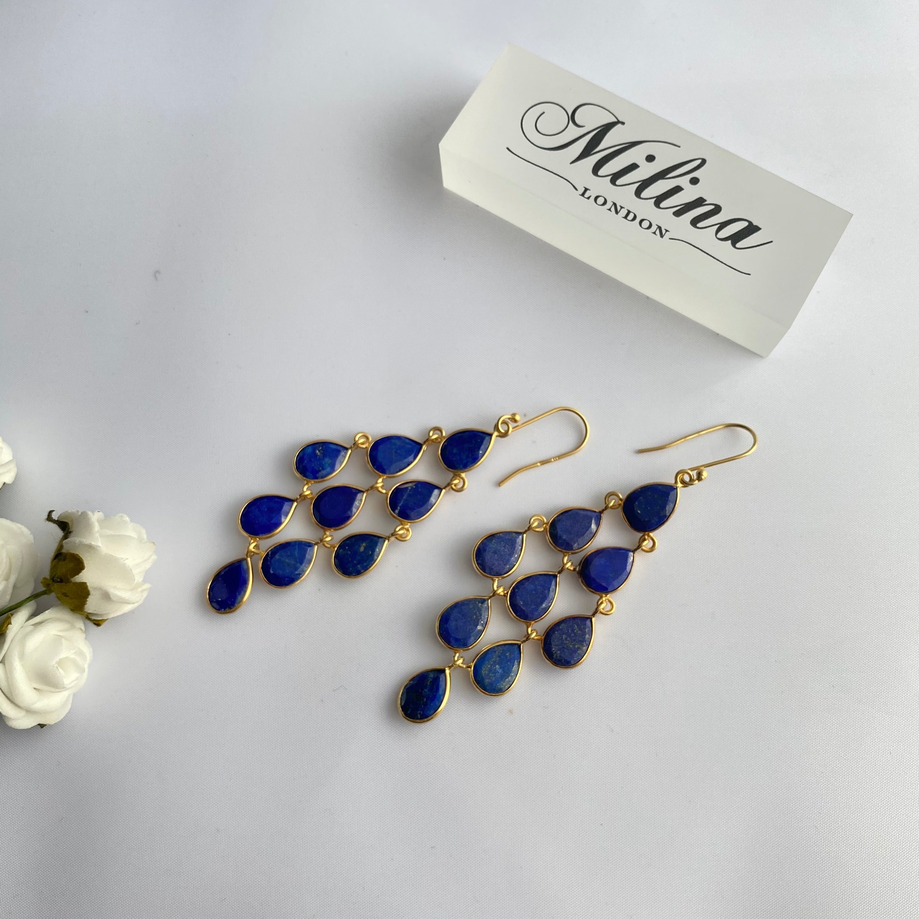 Gold Plated Sterling Silver Chandelier Earrings with Natural Gemstones  - Lapis Lazuli