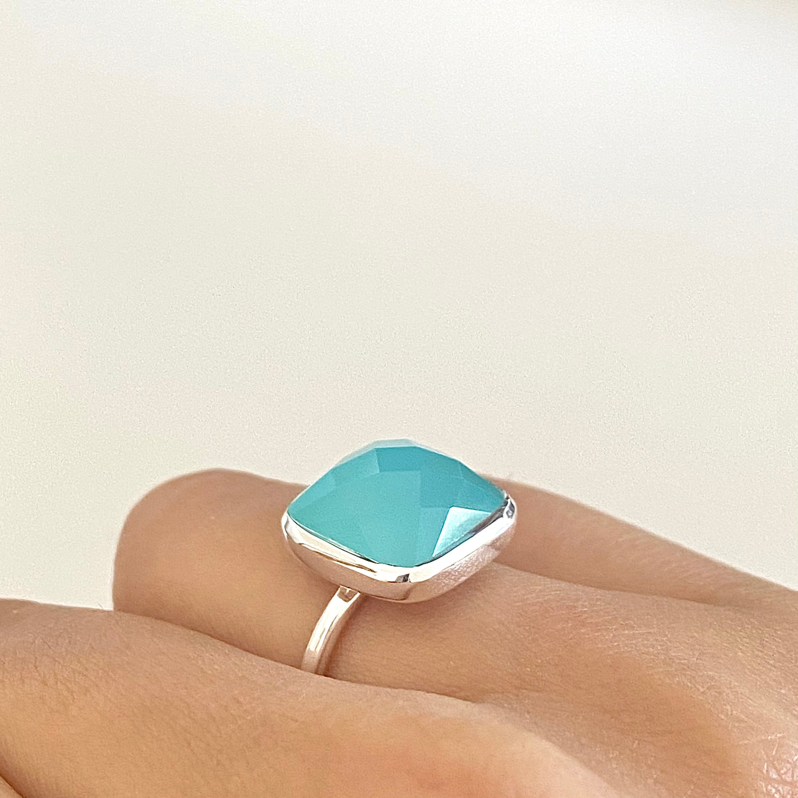 Sterling Silver Ring with Square Semiprecious Stone - Aqua Chalcedony