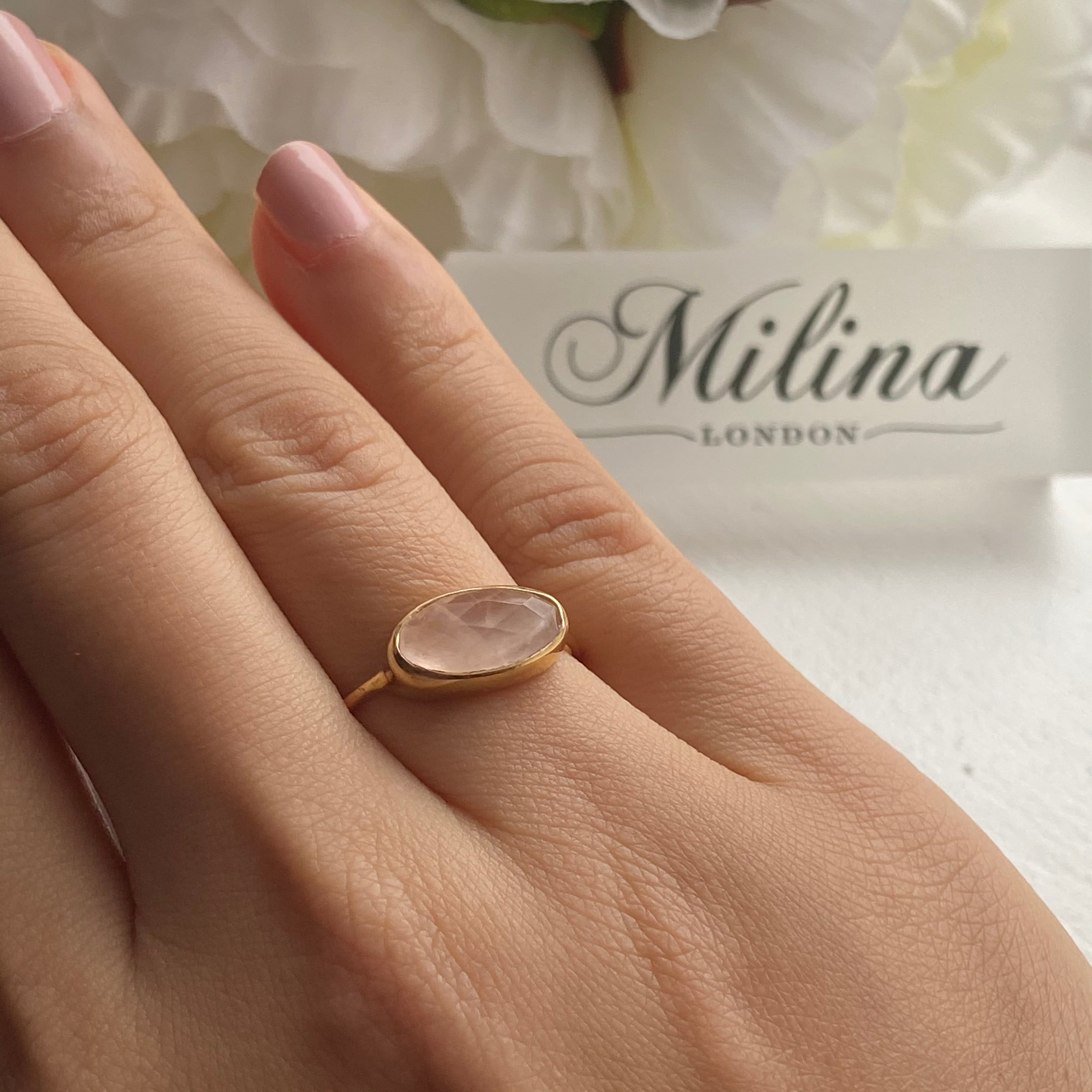 Faceted Oval Cut Natural Gemstone Gold Plated Sterling Silver Fine Band Ring - Rose Quartz