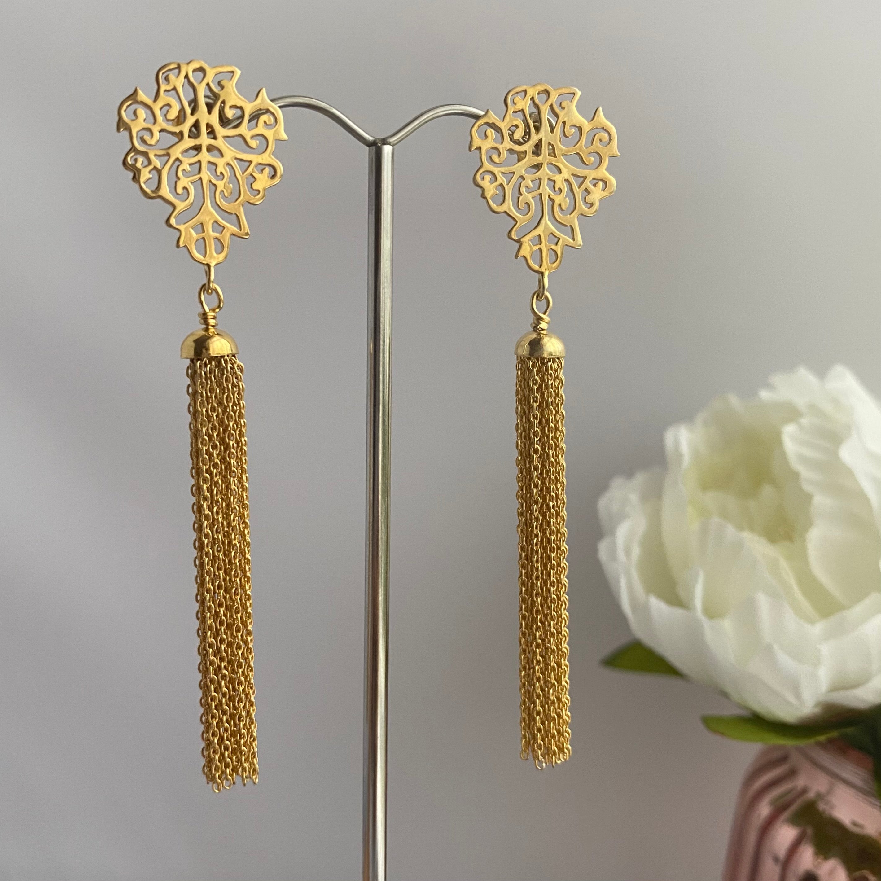 Gold Plated Sterling Silver Intricate Filigree Long Earrings with Tassels