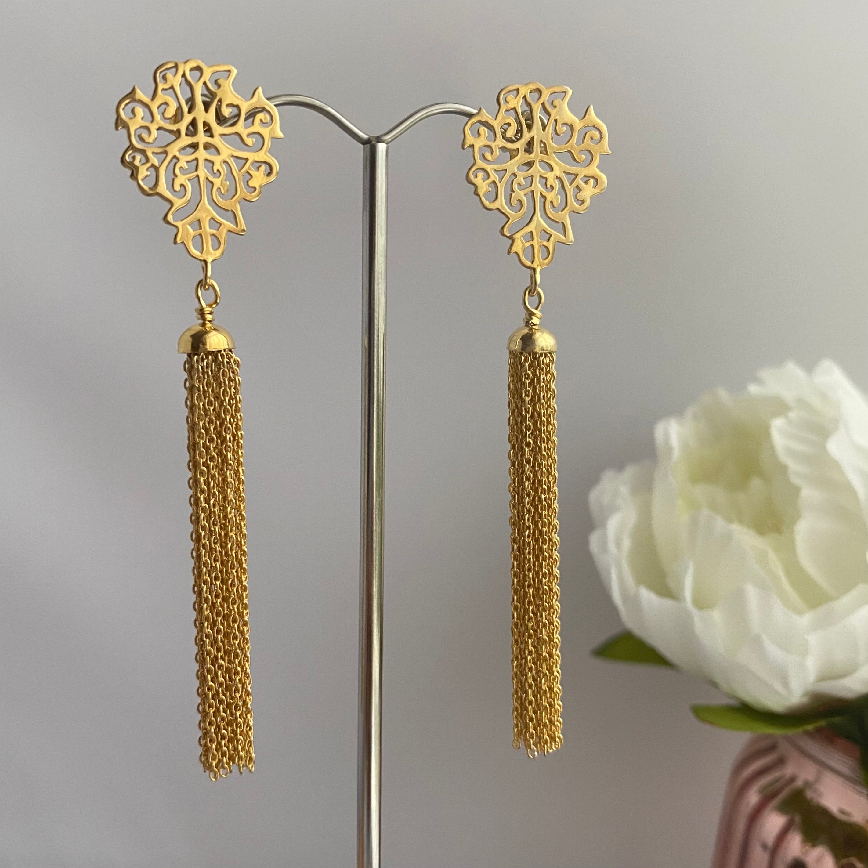 Gold Plated Sterling Silver Intricate Filigree Long Earrings with Tassels
