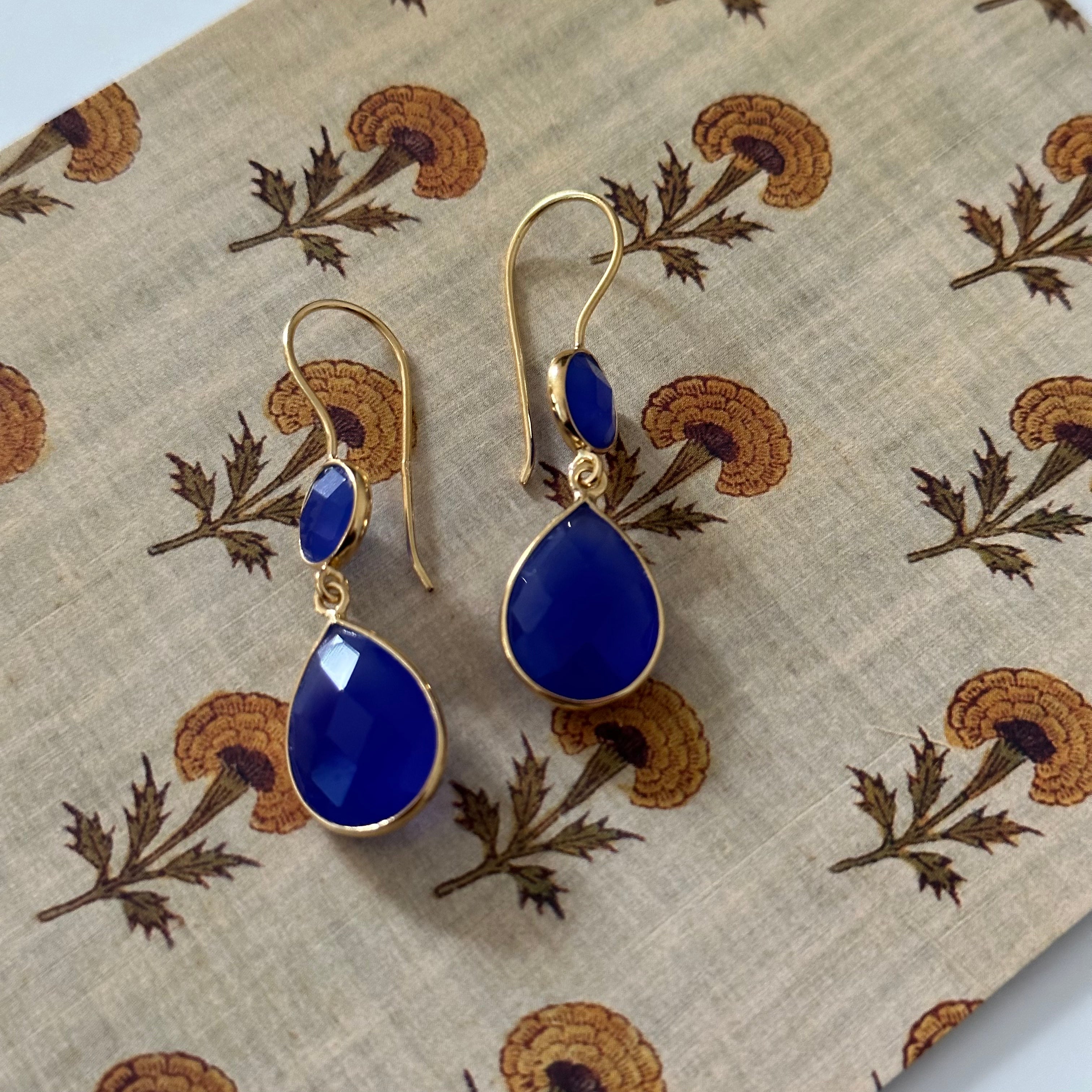 Blue Chalcedony Gemstone Two Stone Earrings in Gold Plated Sterling Silver - Teardrop