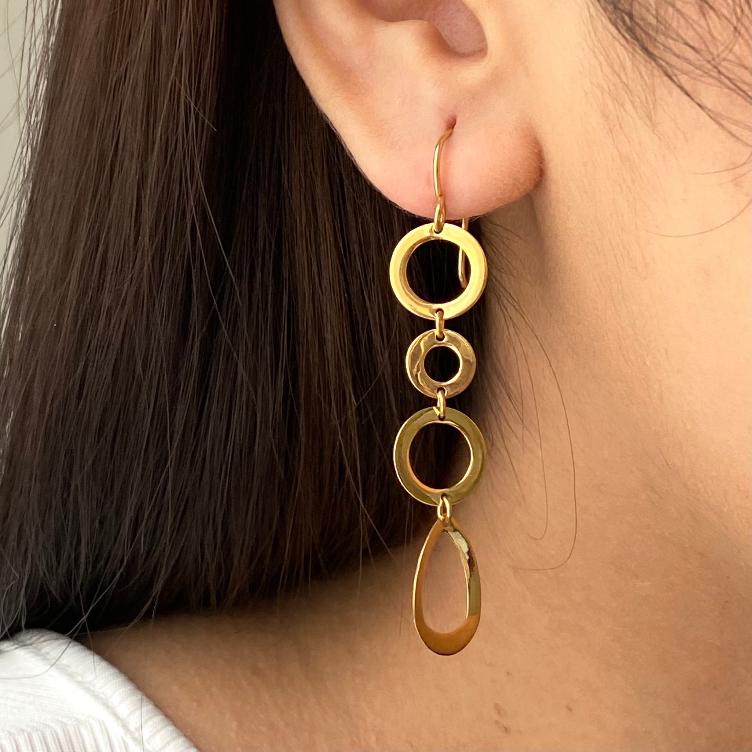 Gold Plated Sterling Silver Long Earrings with Round and Tear Drop Shaped Rings