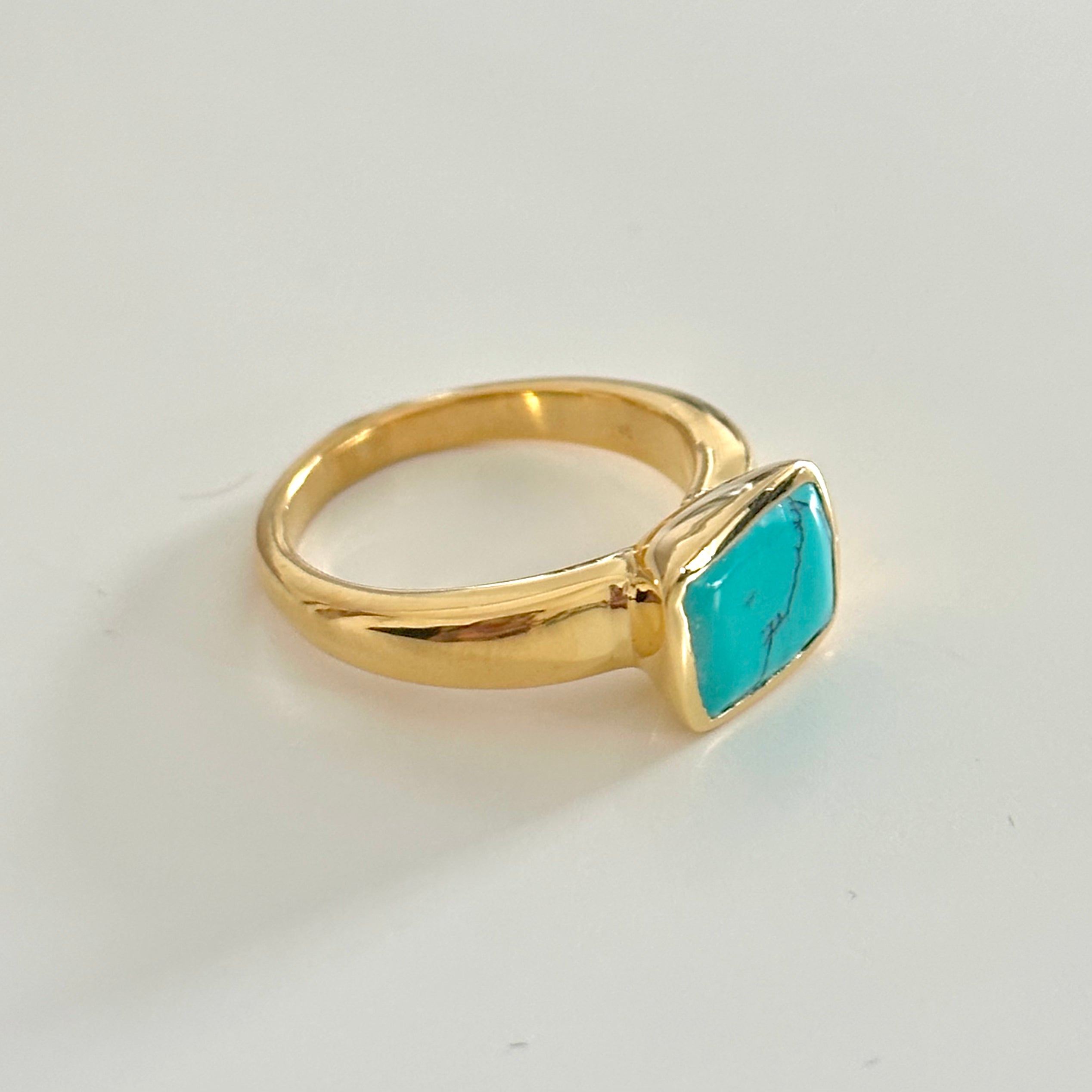 Faceted Rectangular Cut Natural Gemstone Gold Plated Sterling Silver Ring - Turquoise