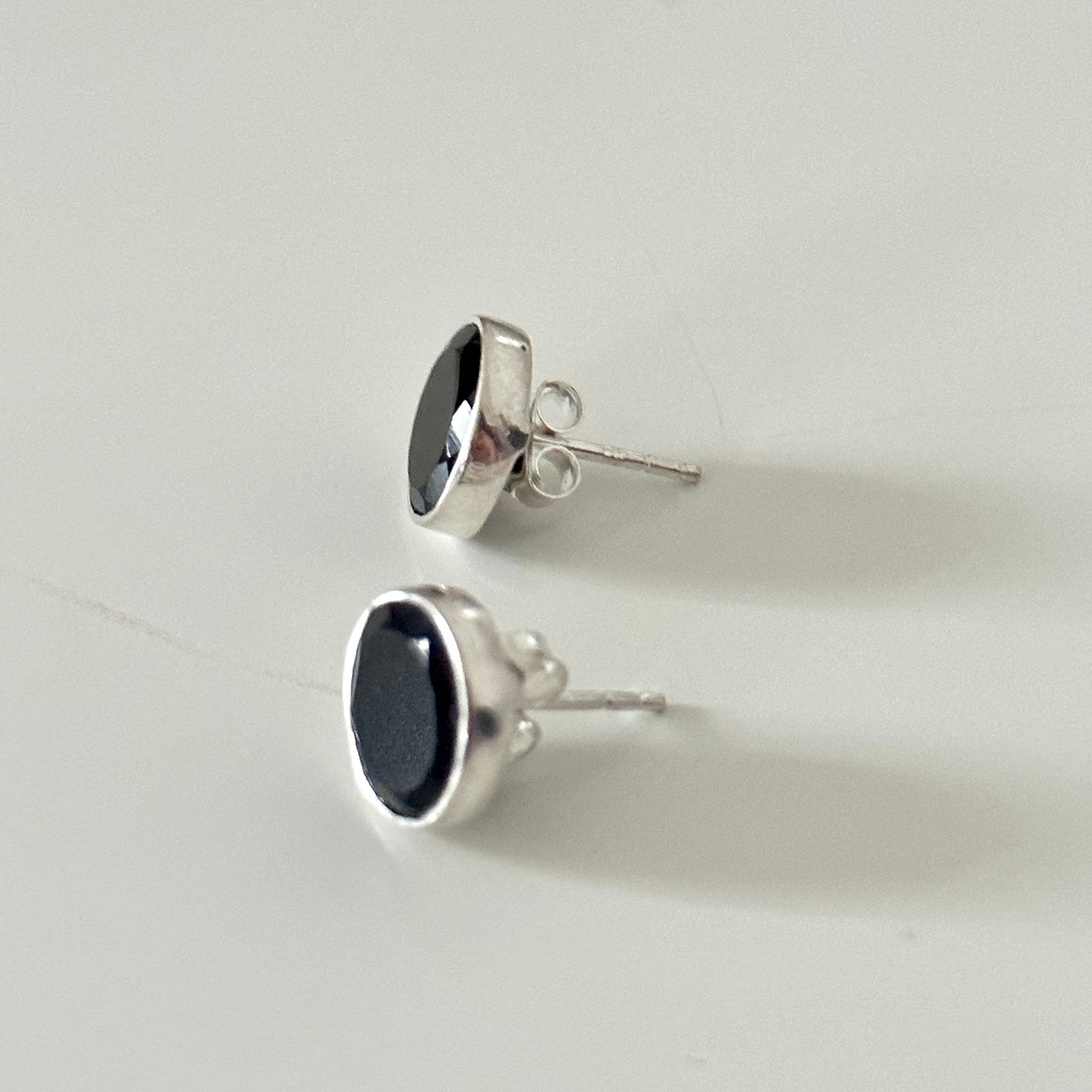 Black Onyx Studs in Sterling Silver with a Round Faceted Gemstone